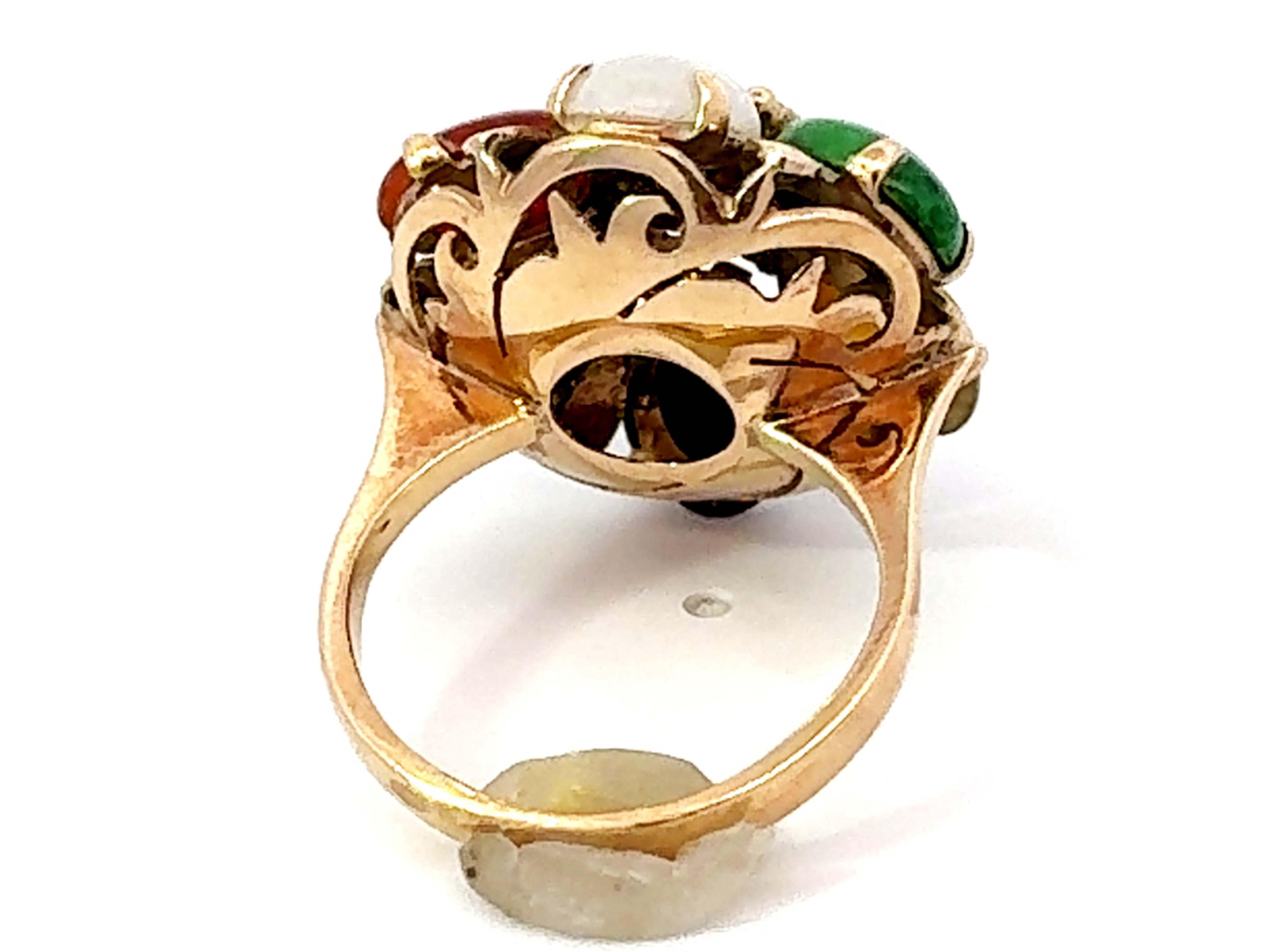 Multi Colored Jade Flower Ring 14K Yellow Gold For Sale 1