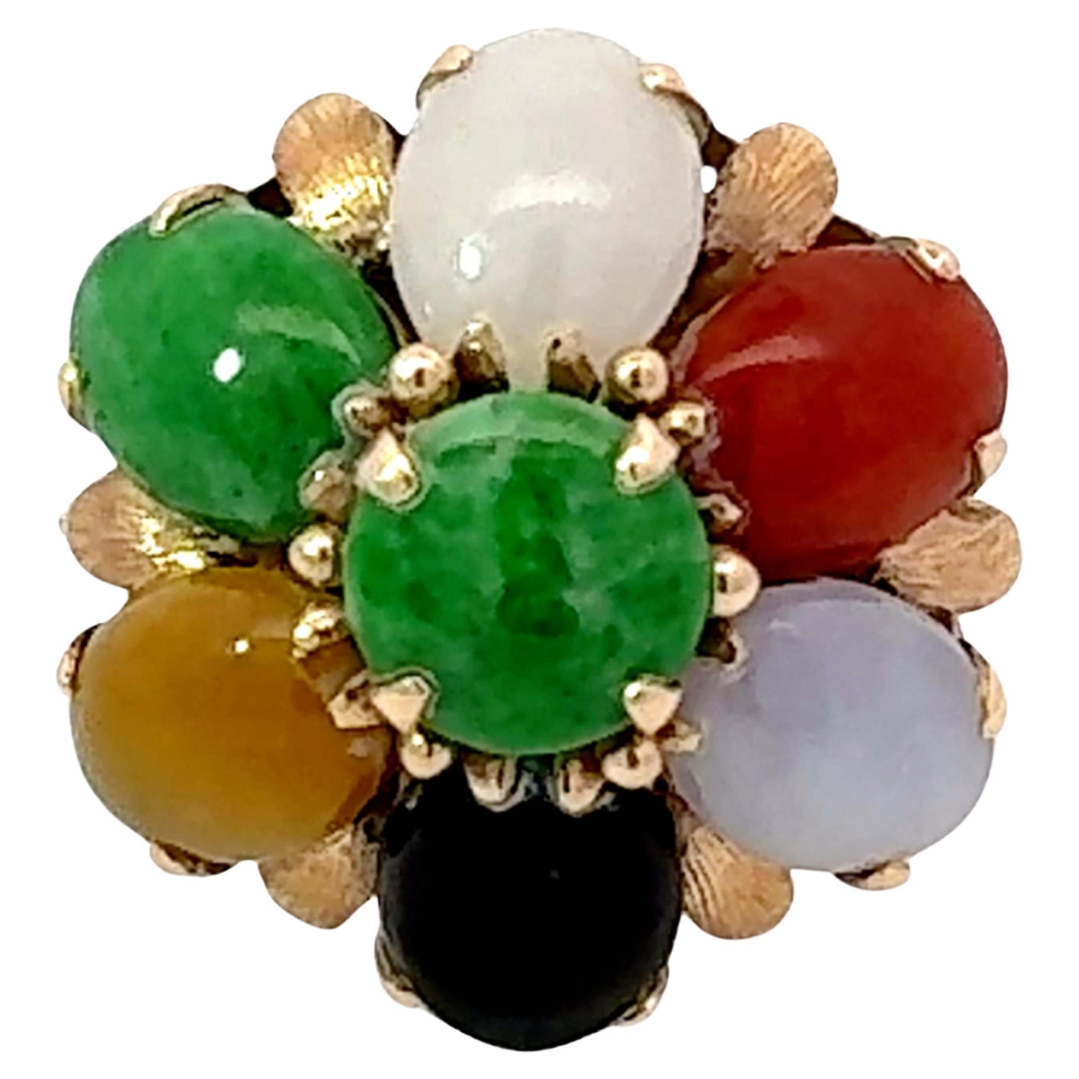 Multi Colored Jade Flower Ring 14K Yellow Gold For Sale