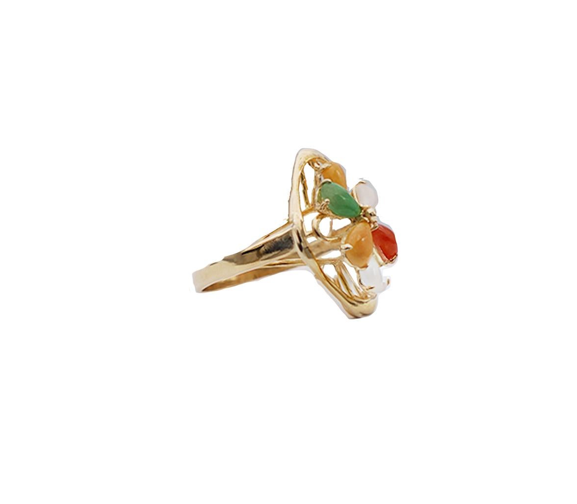 Multi Colored Jade, 6 Stone 14 Karat Yellow Ring displaying an array of color. 
 Lacy opening displays pear-shaped gemstones of different colors. 
White Jade
Green Jade
Brown Jade
Orange Jade

Size of ring top is .80 inch in diameter.
 Finger size