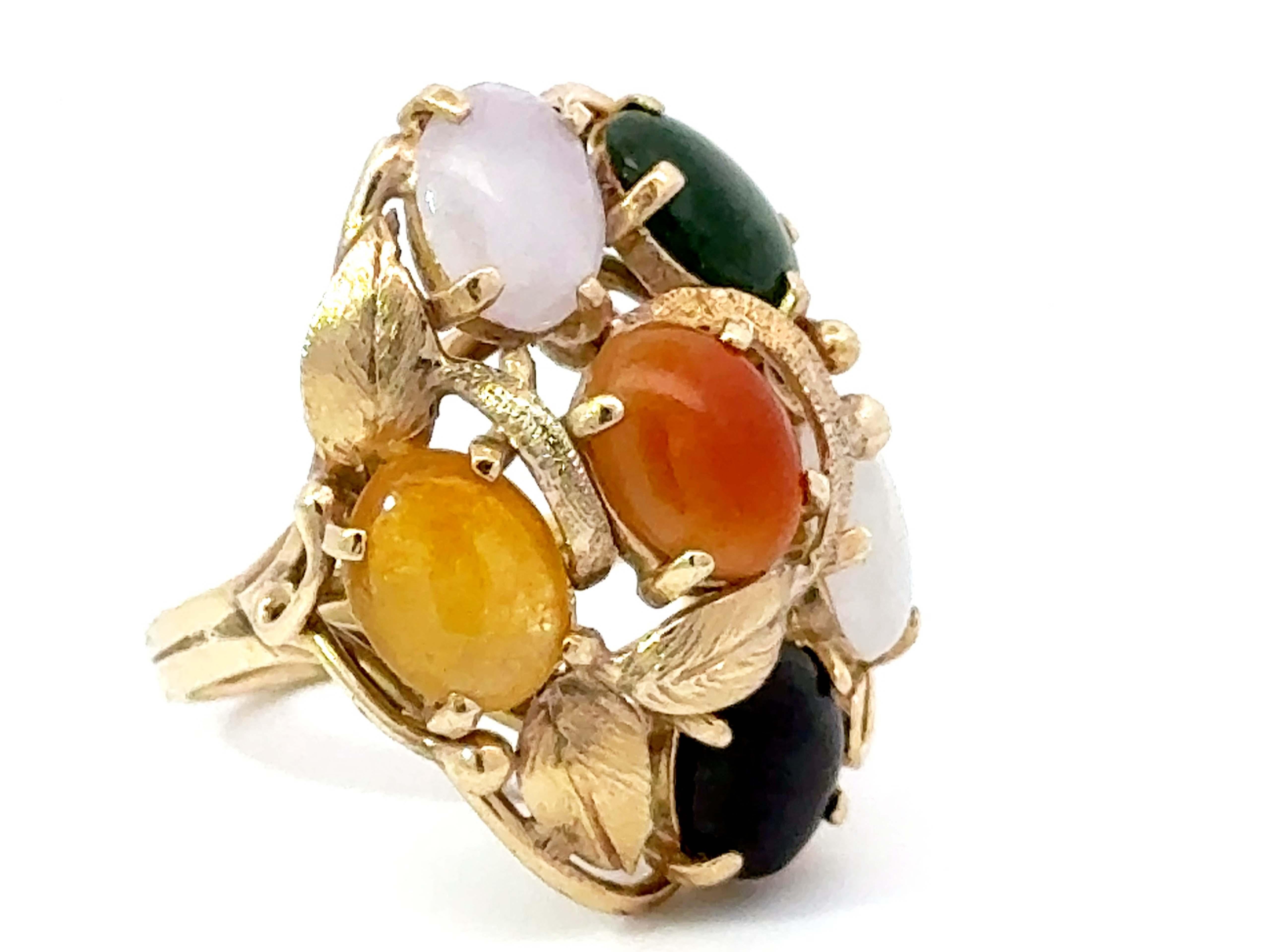 Modern Multi Colored Jade Leaf Ring 14K Yellow Gold For Sale