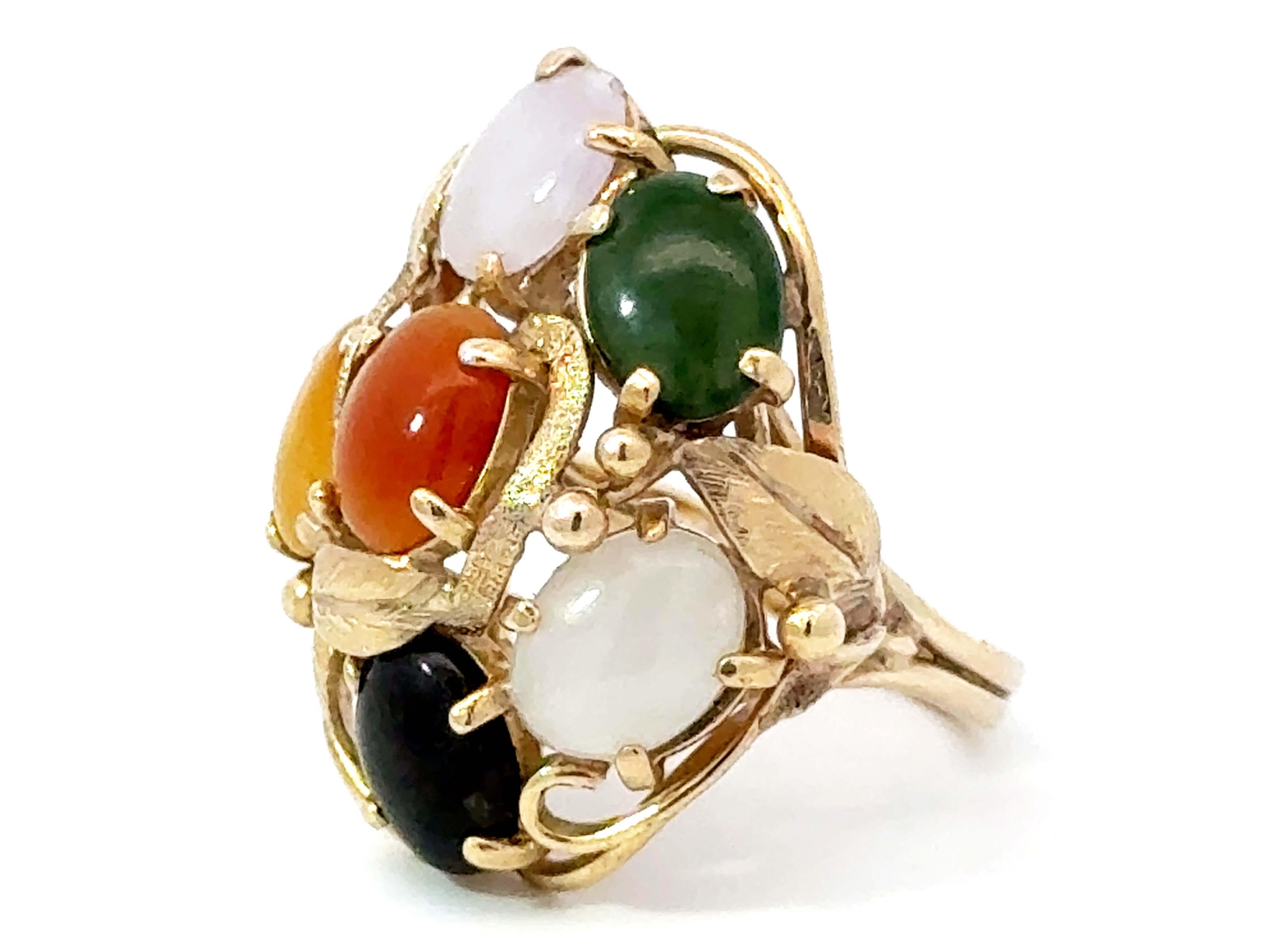 Oval Cut Multi Colored Jade Leaf Ring 14K Yellow Gold For Sale