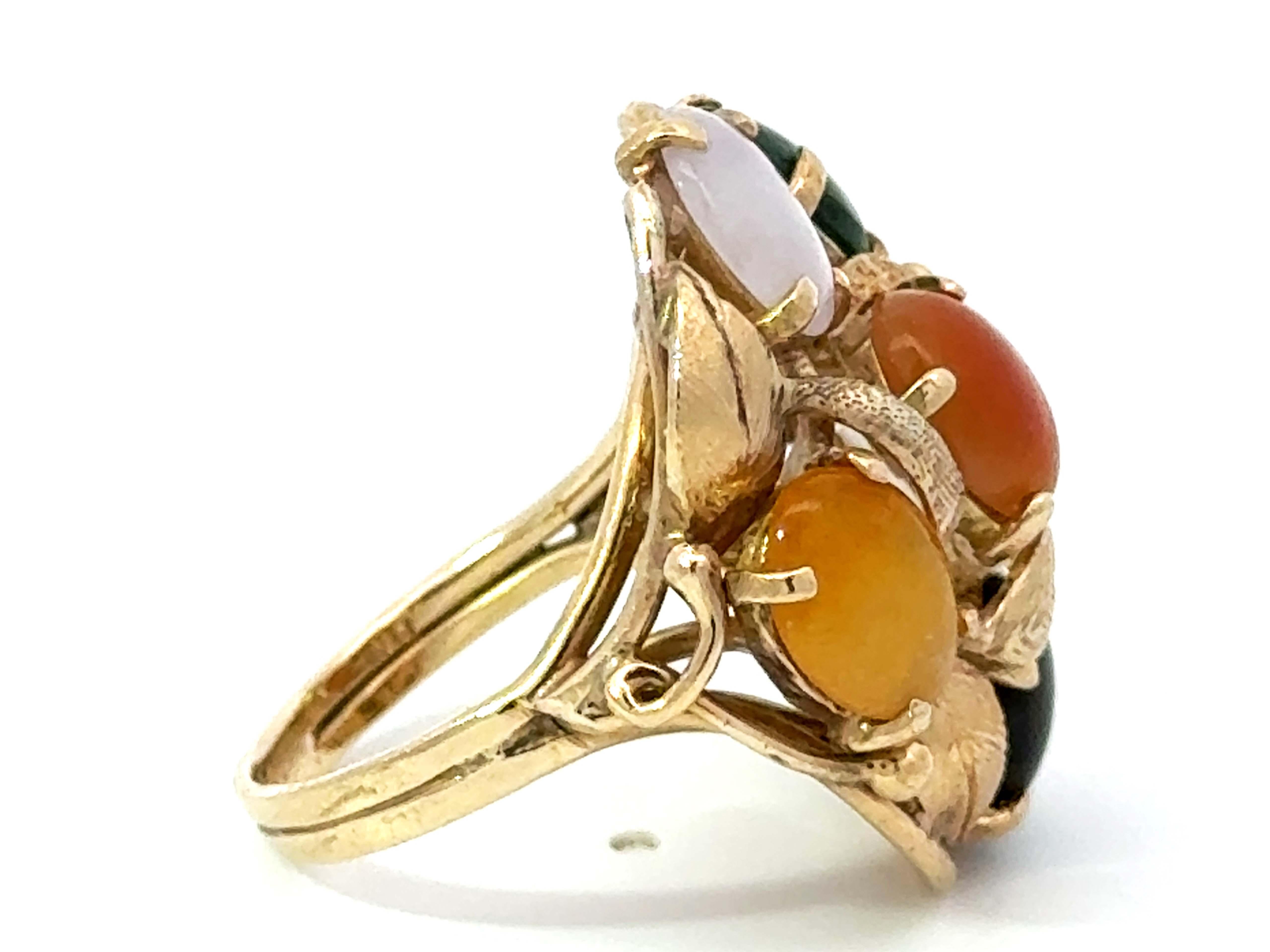 Multi Colored Jade Leaf Ring 14K Yellow Gold In Excellent Condition For Sale In Honolulu, HI