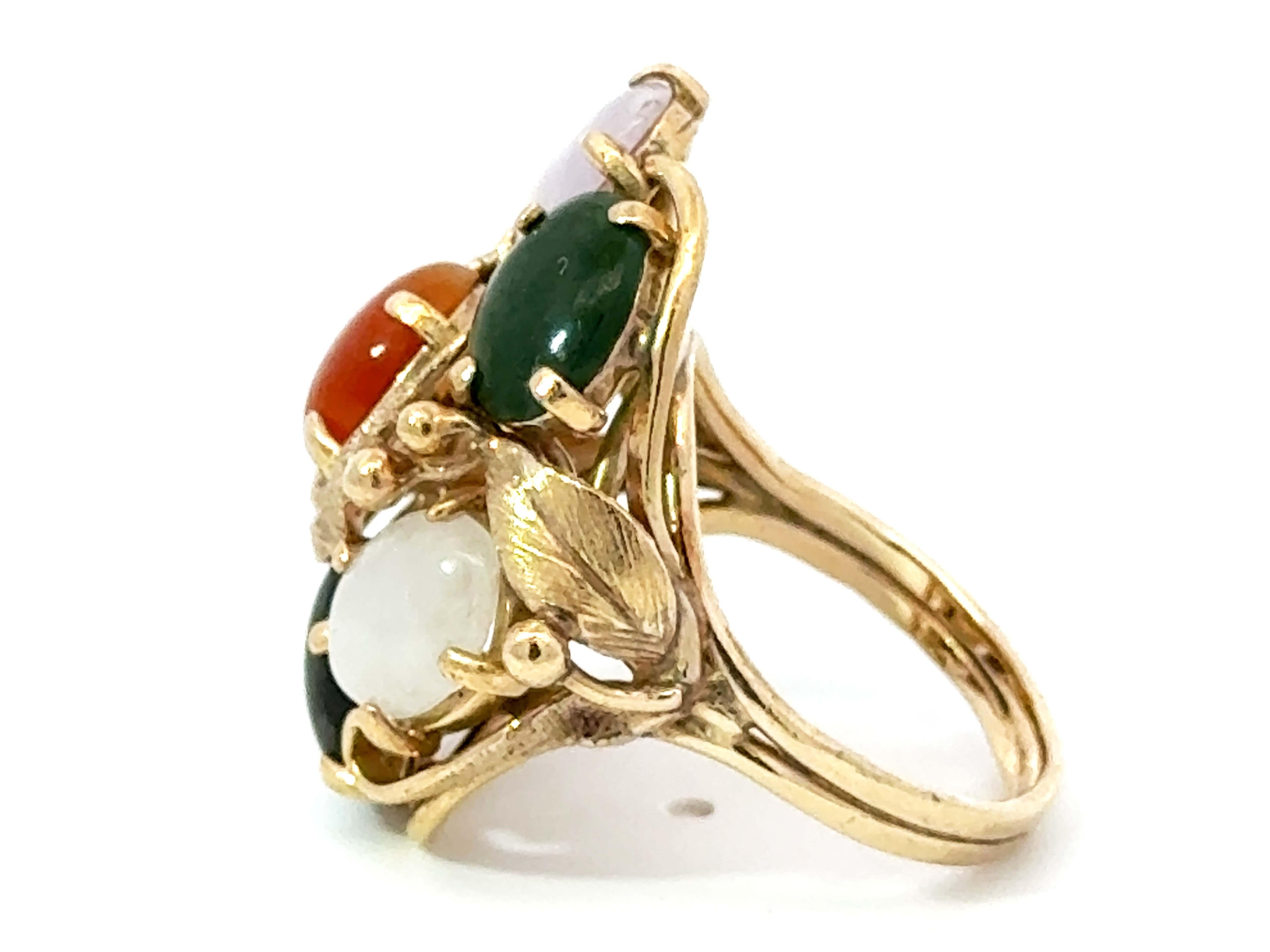 Women's or Men's Multi Colored Jade Leaf Ring 14K Yellow Gold For Sale