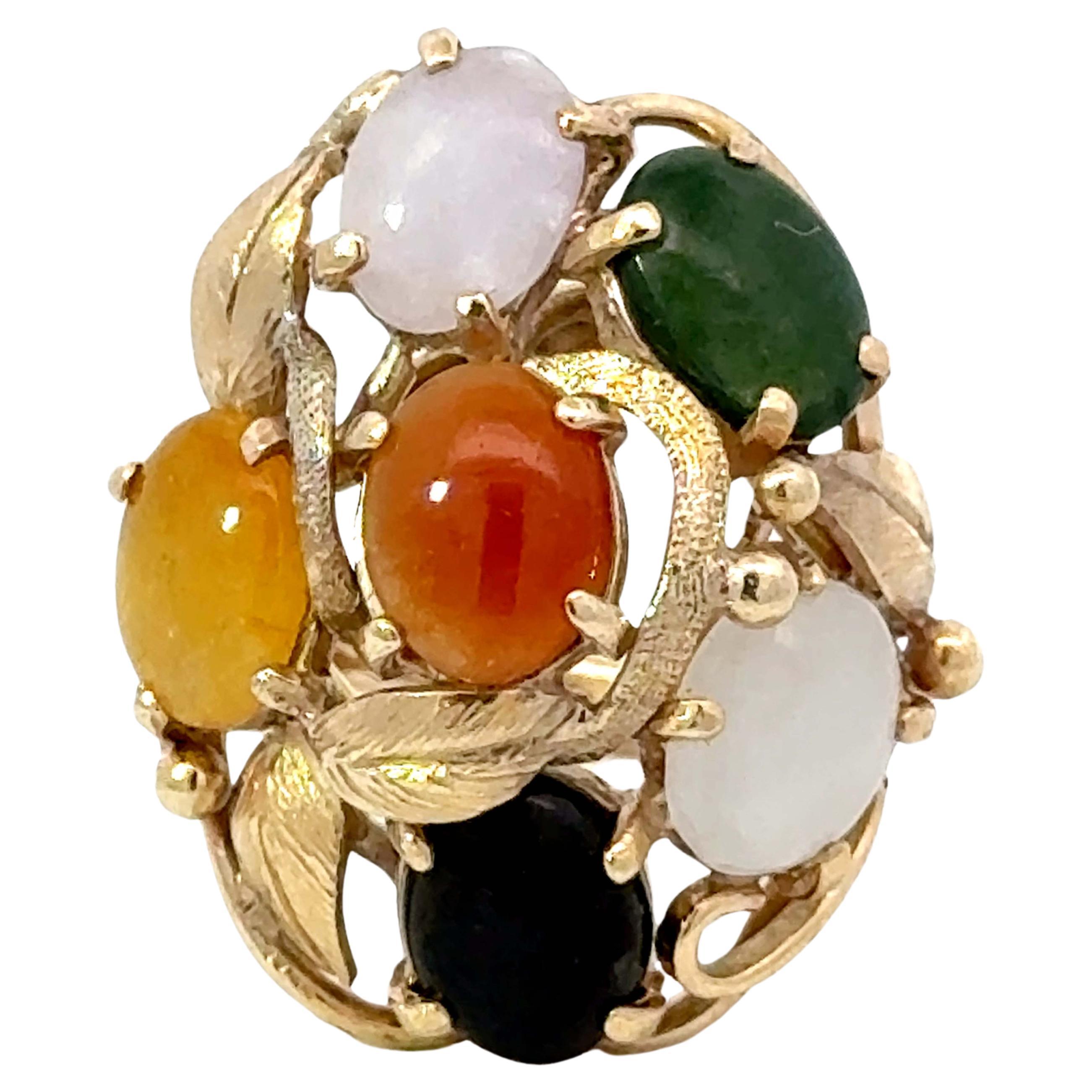 Multi Colored Jade Leaf Ring 14K Yellow Gold For Sale