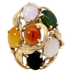 Vintage Multi Colored Jade Leaf Ring 14K Yellow Gold