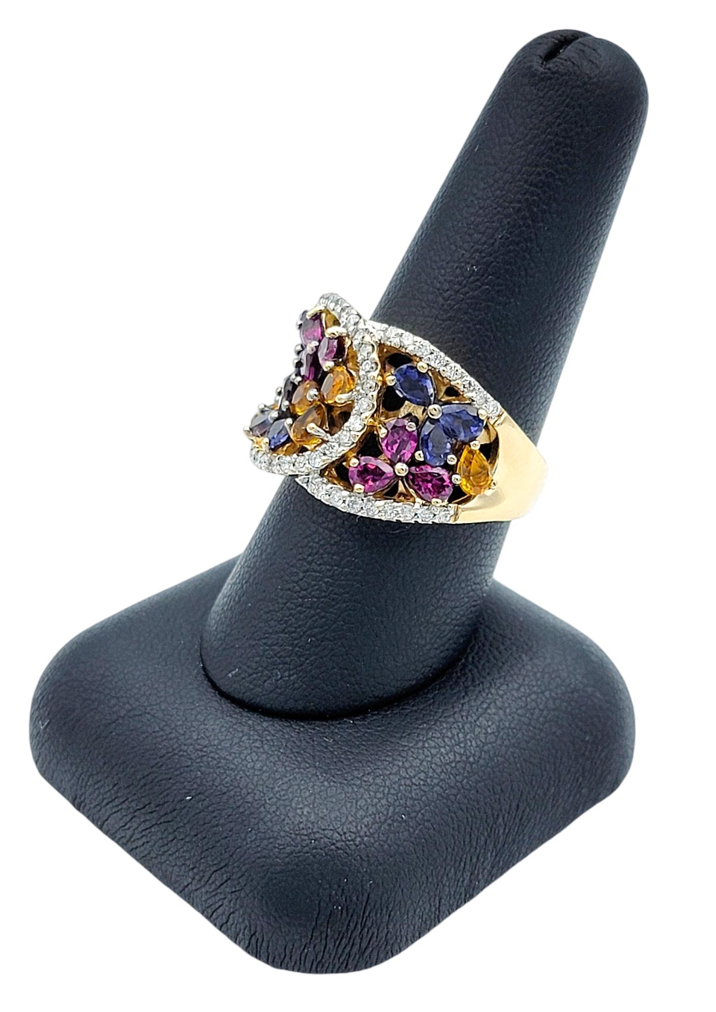 Multi Colored Lab Sapphire & Natural Diamond Flower Band Ring in 14 Karat Gold For Sale 4