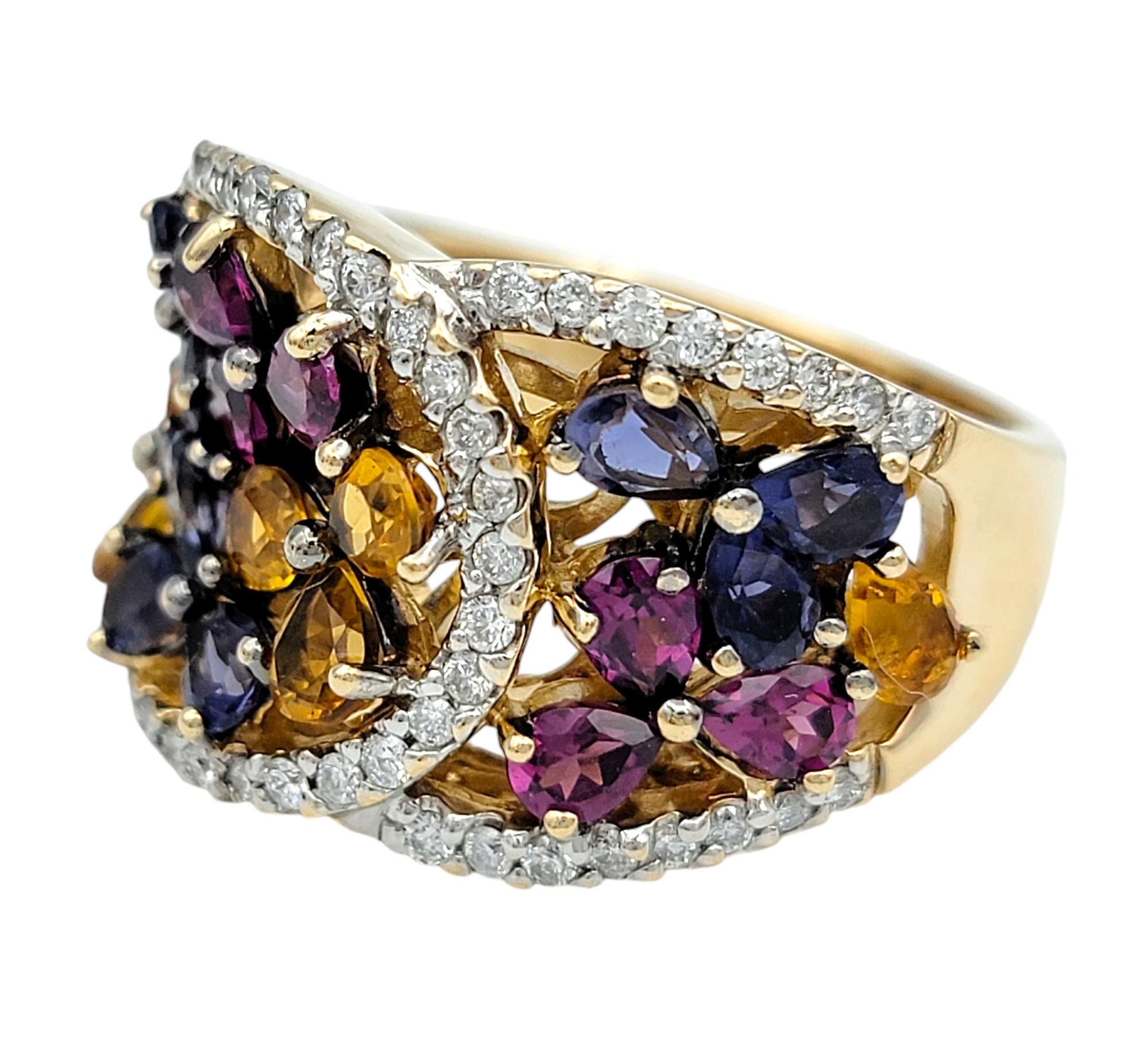 Contemporary Multi Colored Lab Sapphire & Natural Diamond Flower Band Ring in 14 Karat Gold For Sale