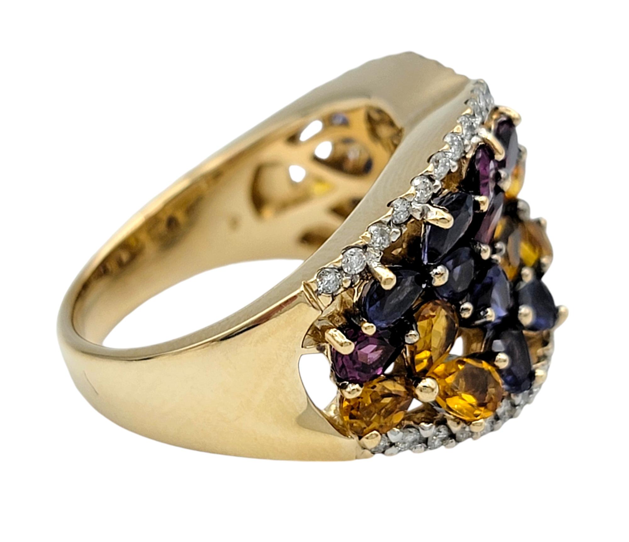 Round Cut Multi Colored Lab Sapphire & Natural Diamond Flower Band Ring in 14 Karat Gold For Sale