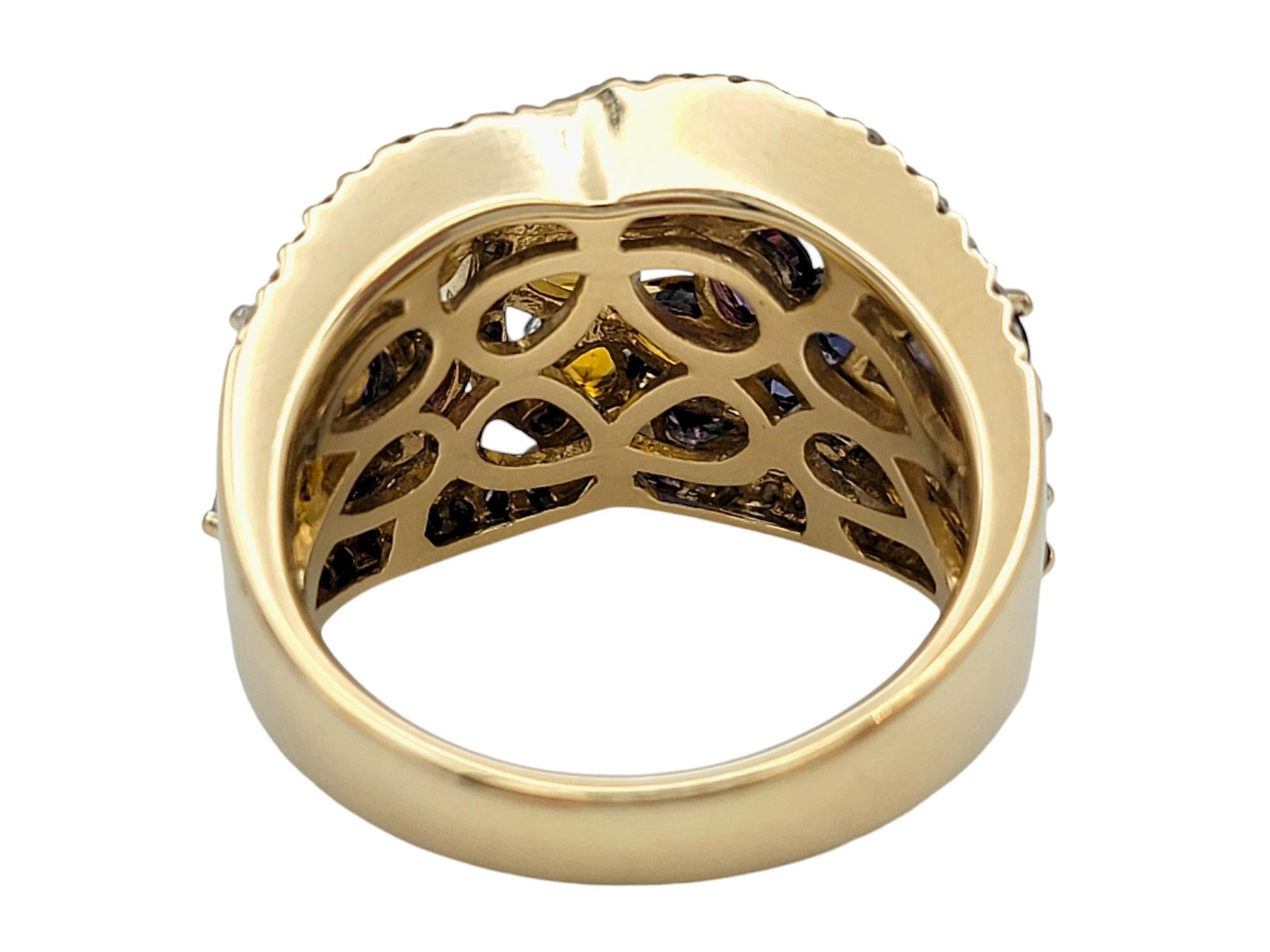 Multi Colored Lab Sapphire & Natural Diamond Flower Band Ring in 14 Karat Gold In Good Condition For Sale In Scottsdale, AZ