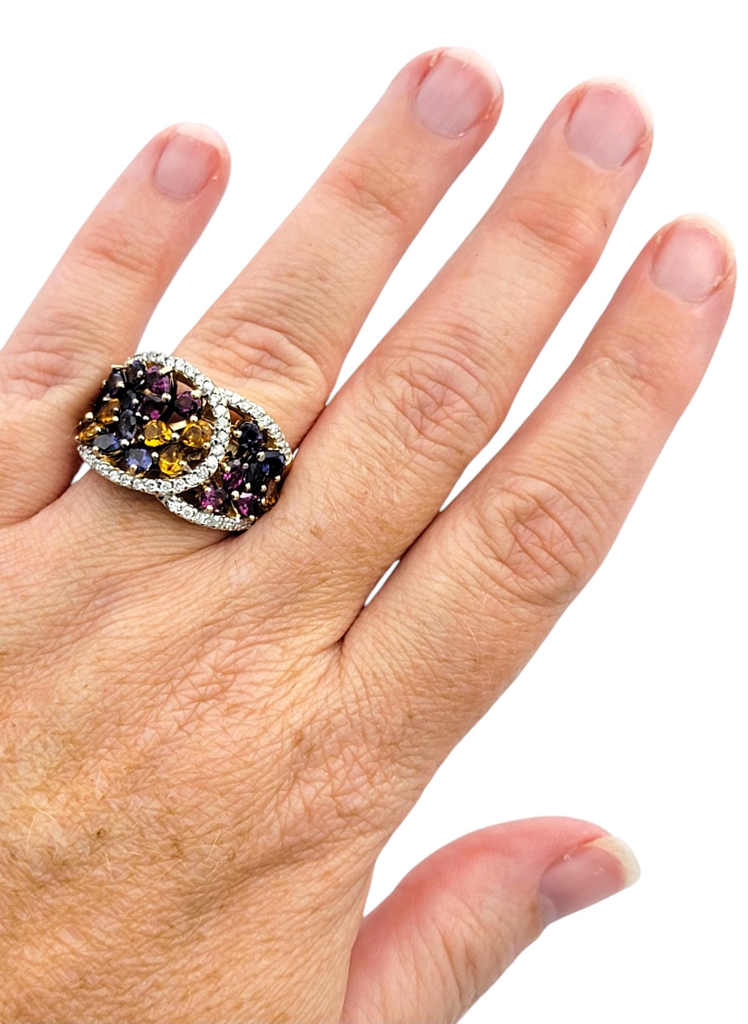 Multi Colored Lab Sapphire & Natural Diamond Flower Band Ring in 14 Karat Gold For Sale 1