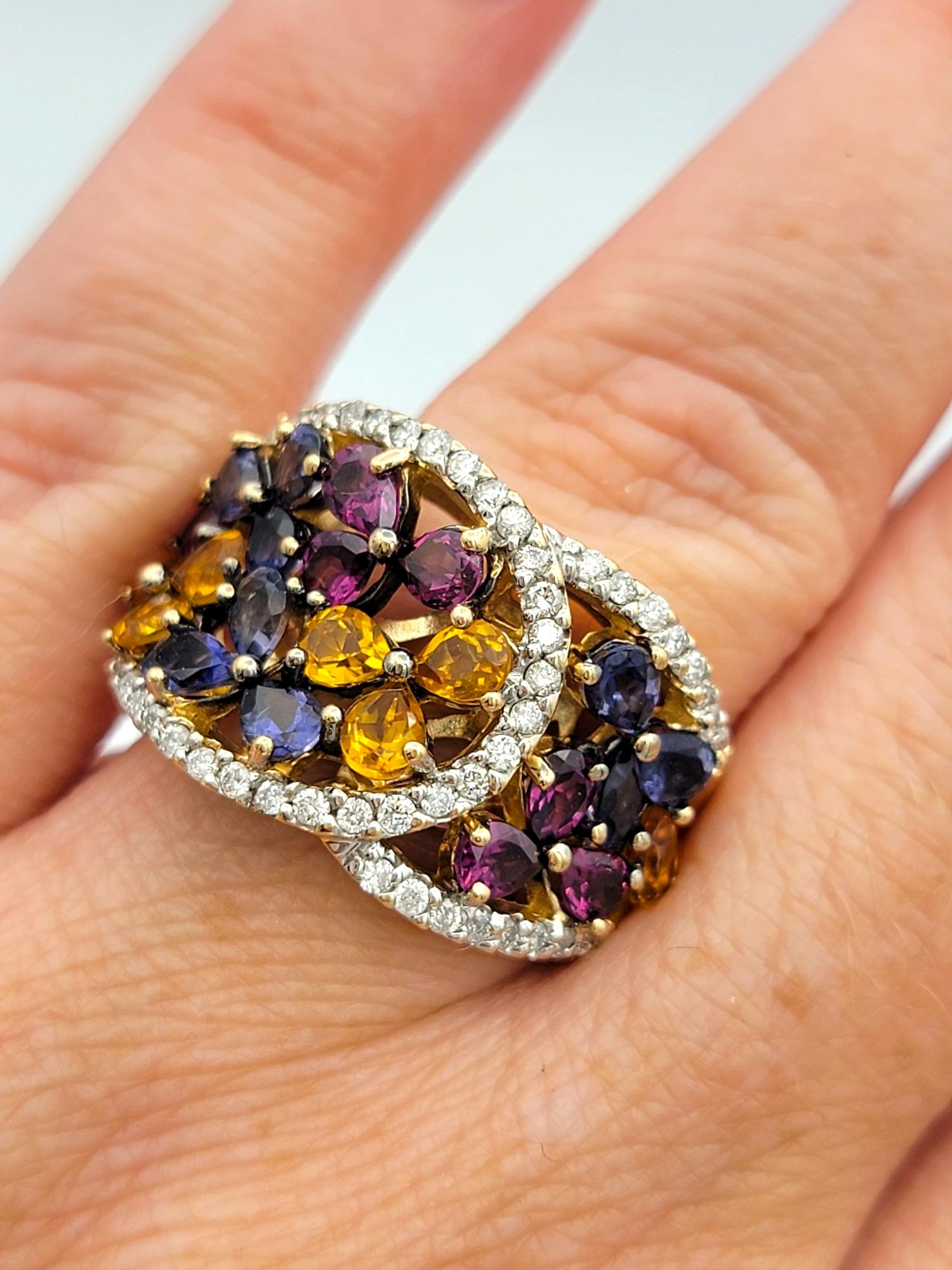 Multi Colored Lab Sapphire & Natural Diamond Flower Band Ring in 14 Karat Gold For Sale 2