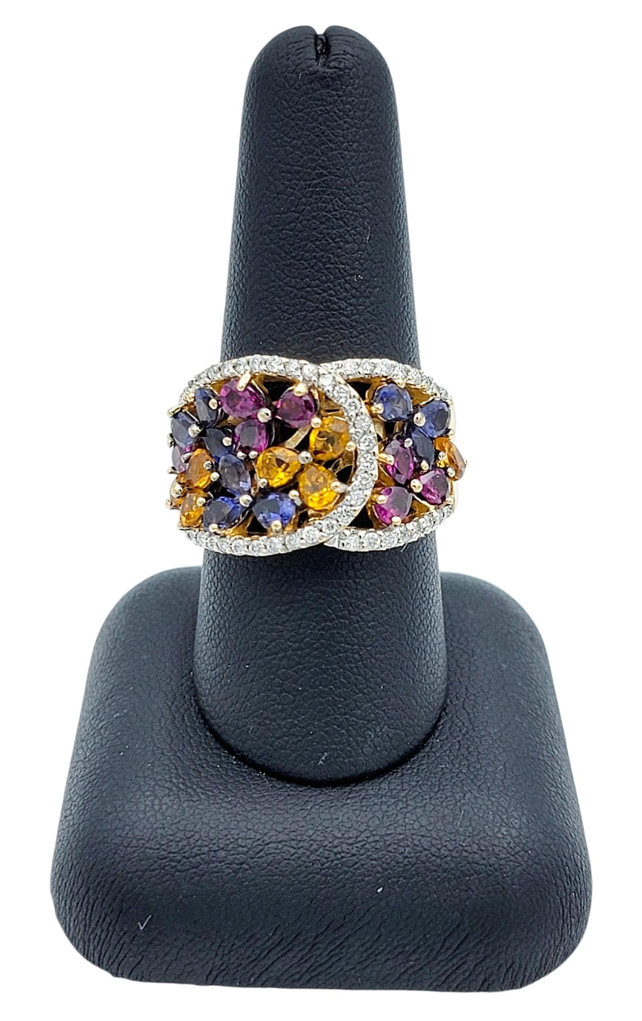 Multi Colored Lab Sapphire & Natural Diamond Flower Band Ring in 14 Karat Gold For Sale 3