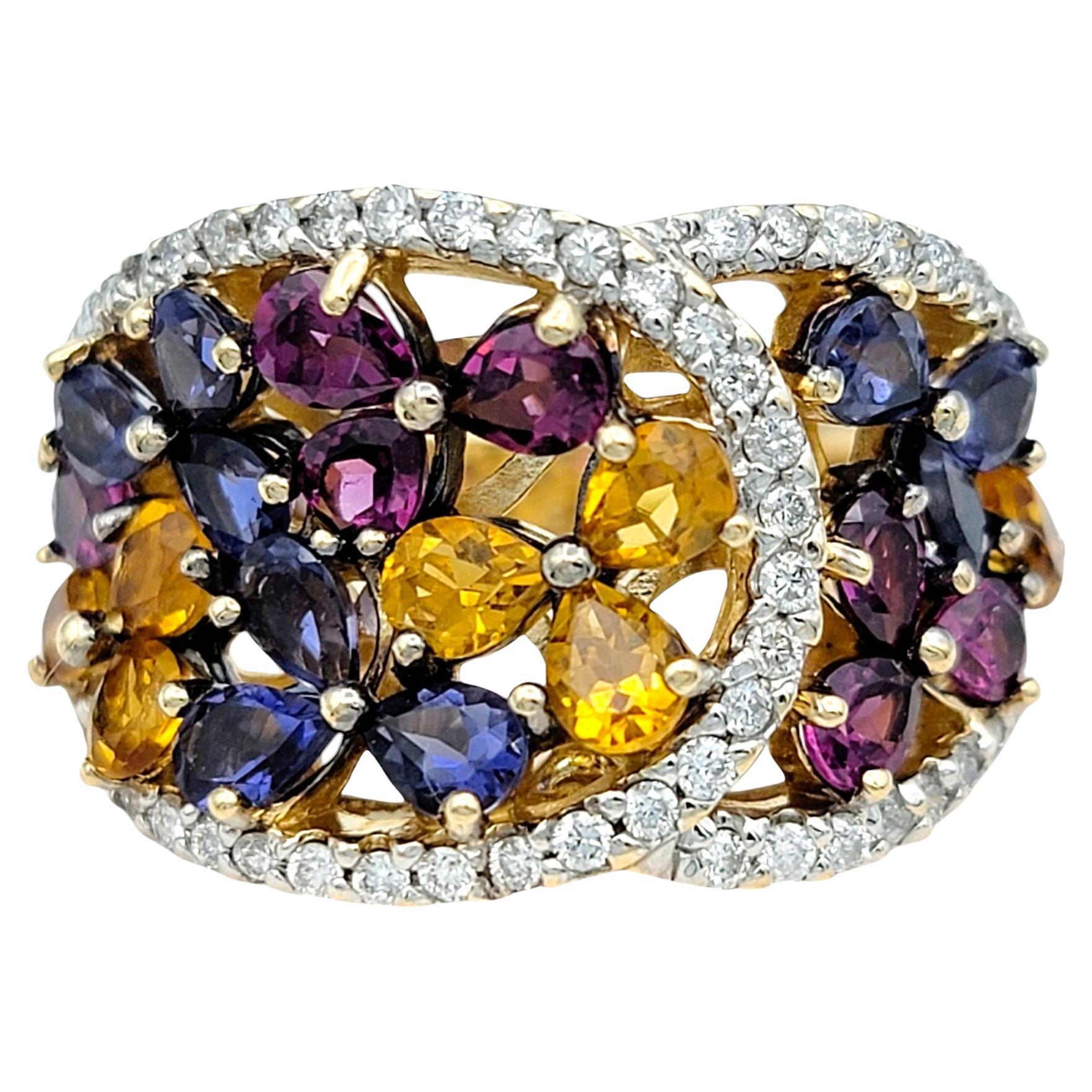 Multi Colored Lab Sapphire & Natural Diamond Flower Band Ring in 14 Karat Gold For Sale
