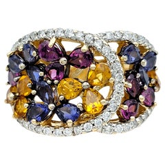 Bague à fleur en or 14 carats avec saphir de laboratoire multicolore et diamant naturel