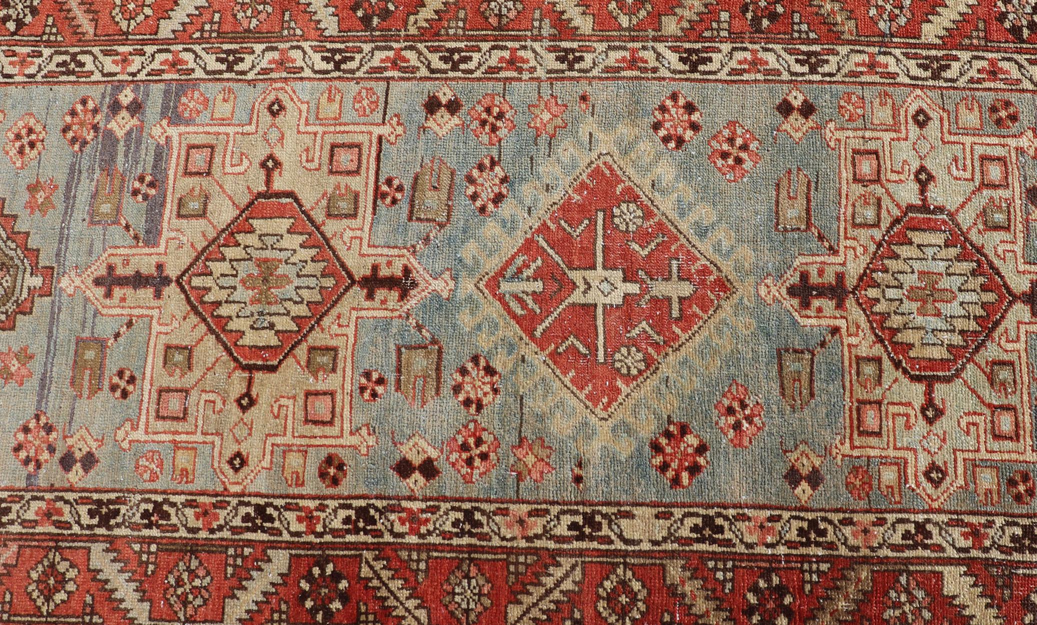 Multi Colored Long Antique Persian Heriz Runner with Geometric Medallions For Sale 3