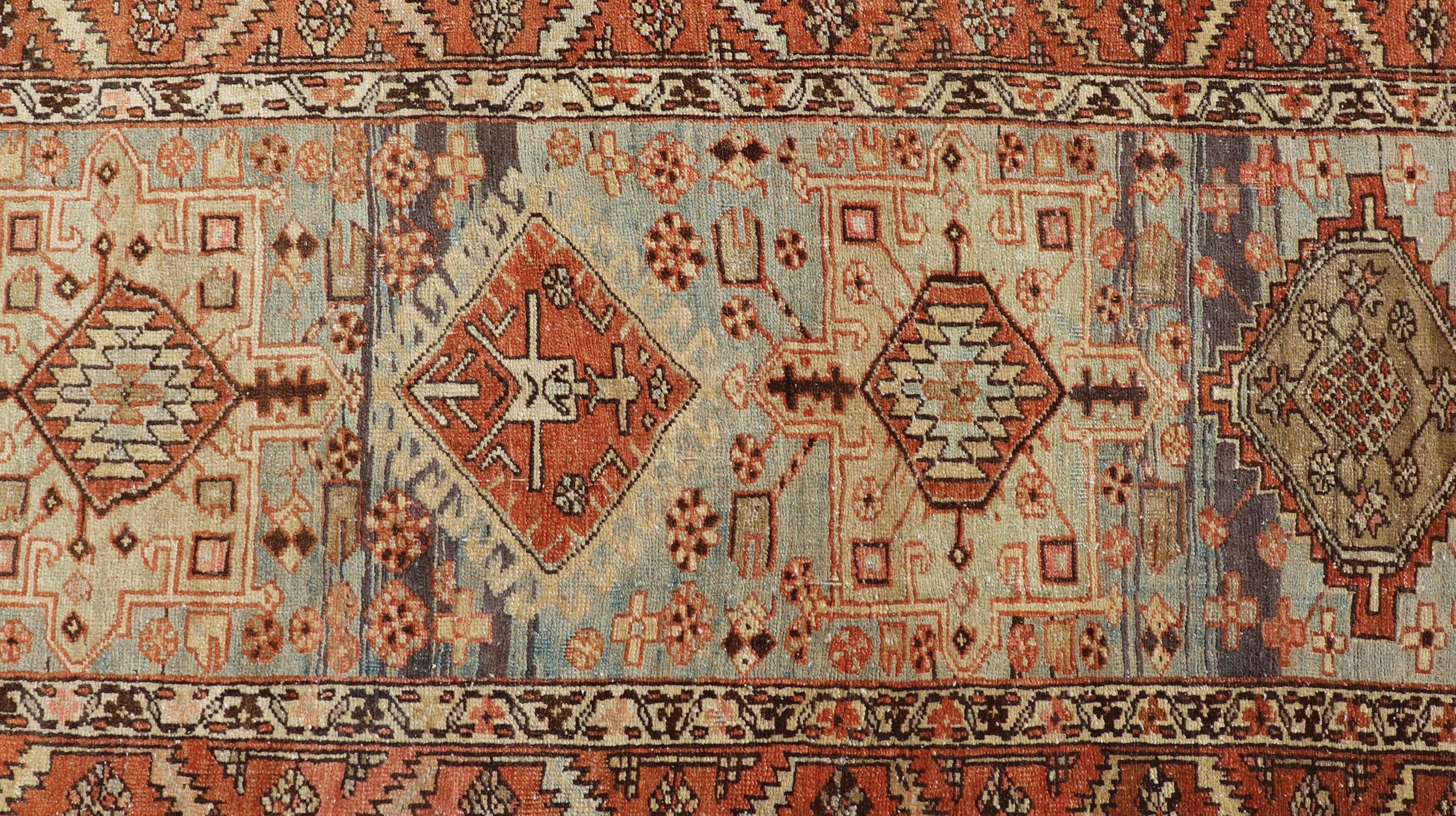 Multi Colored Long Antique Persian Heriz Runner with Geometric Medallions For Sale 4