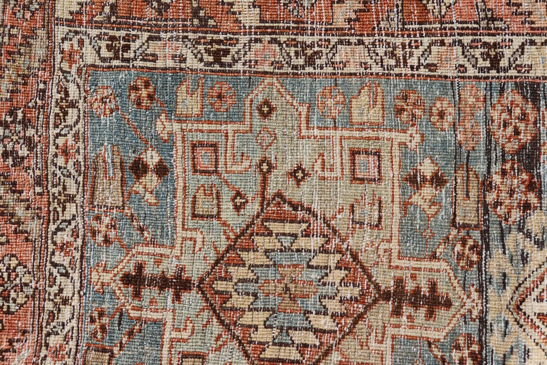 Multi Colored Long Antique Persian Heriz Runner with Geometric Medallions For Sale 6