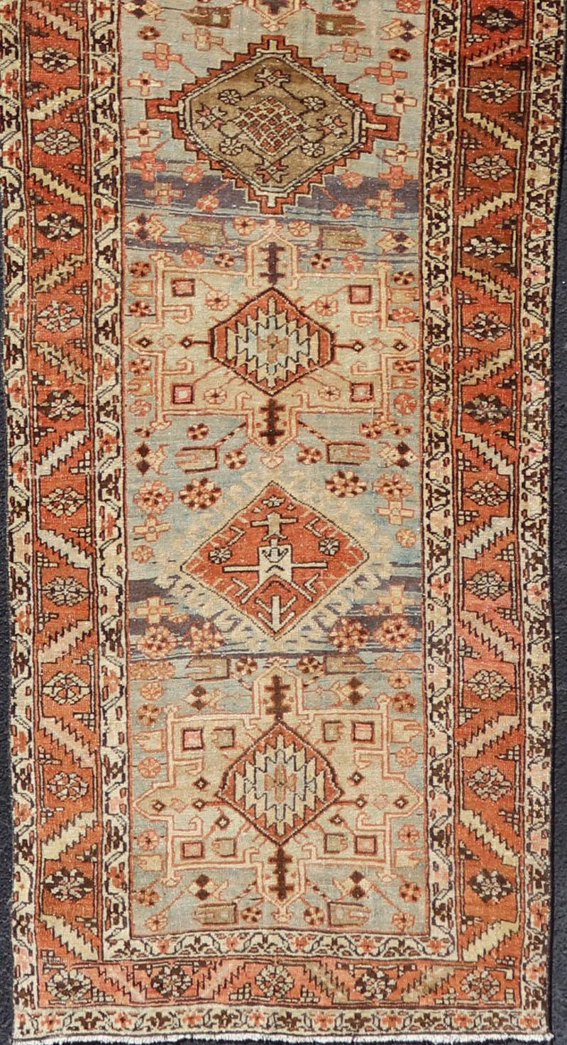Multi Colored Long Antique Persian Heriz Runner with Geometric Medallions In Good Condition For Sale In Atlanta, GA