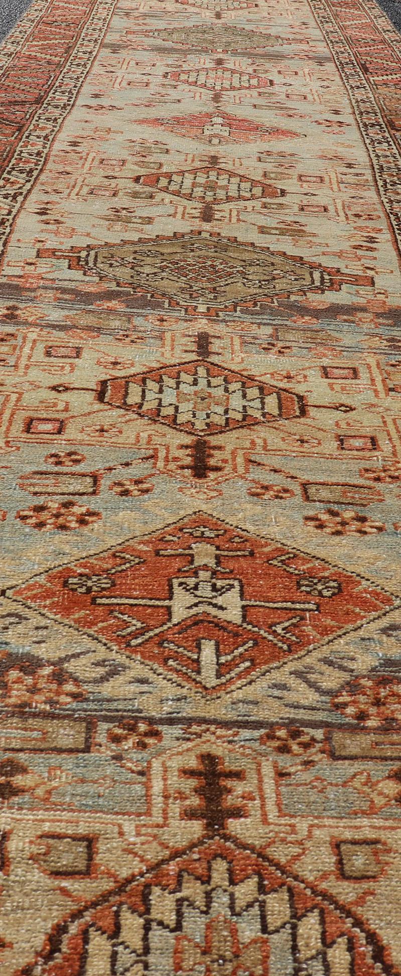 Multi Colored Long Antique Persian Heriz Runner with Geometric Medallions For Sale 1