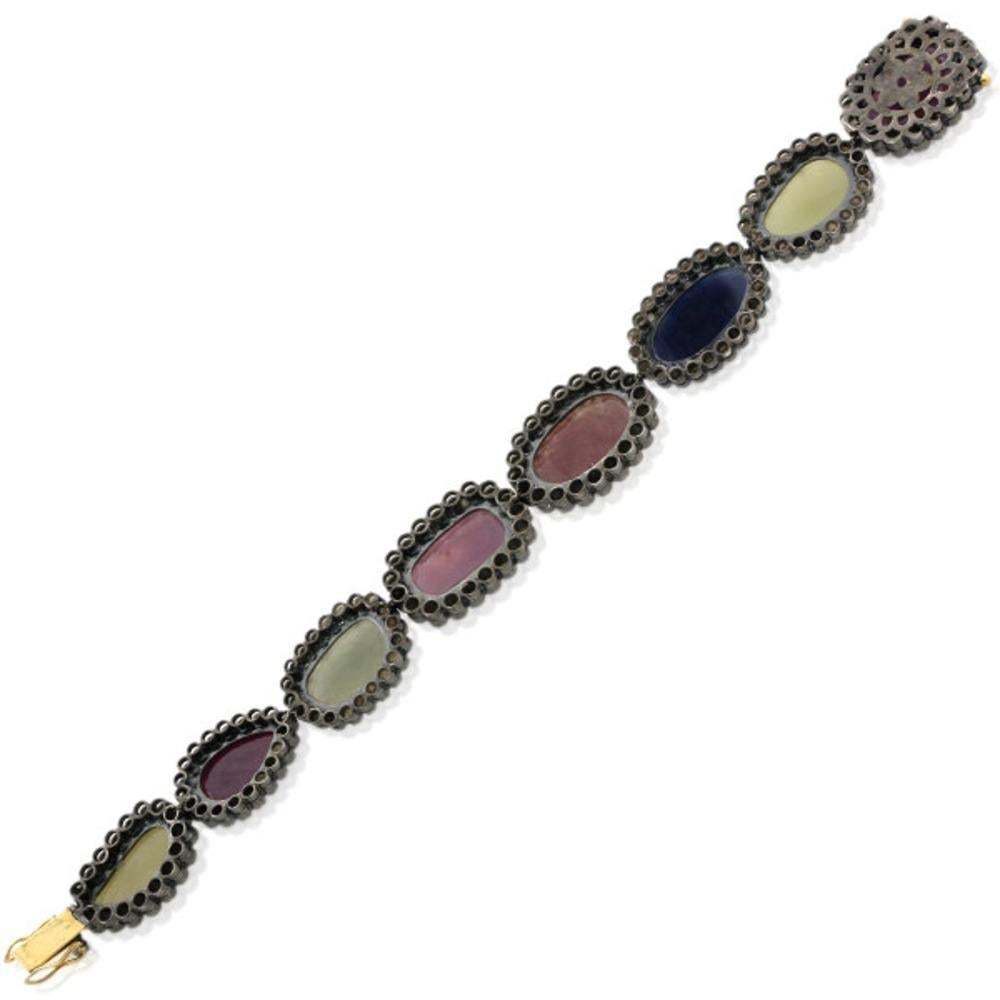Art Deco Multi Colored Multi Gemstone Bracelet with Diamonds Made in 18k Gold & Silver For Sale