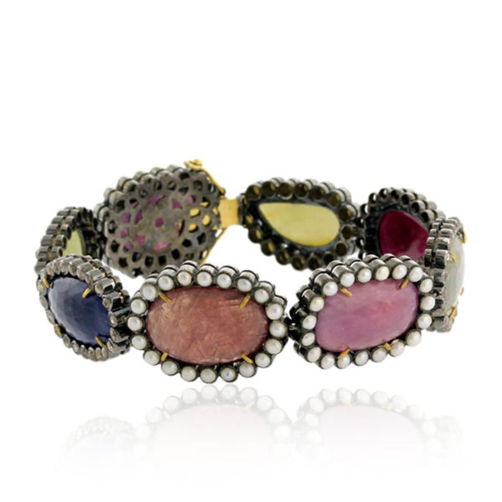 Mixed Cut Multi Colored Multi Gemstone Bracelet with Diamonds Made in 18k Gold & Silver For Sale