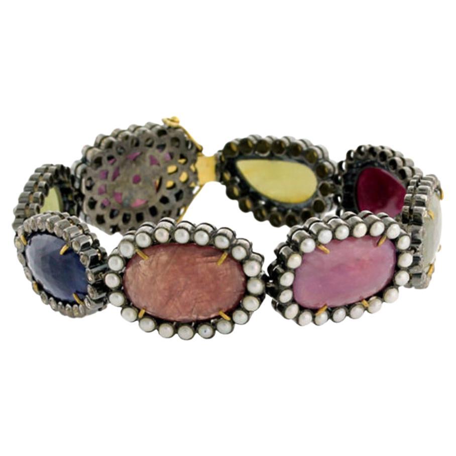 Multi Colored Multi Gemstone Bracelet with Diamonds Made in 18k Gold & Silver For Sale