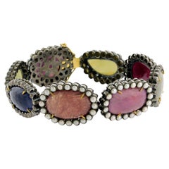 Bracelet de pierres précieuses multicolores avec diamants en or 18 carats et argent