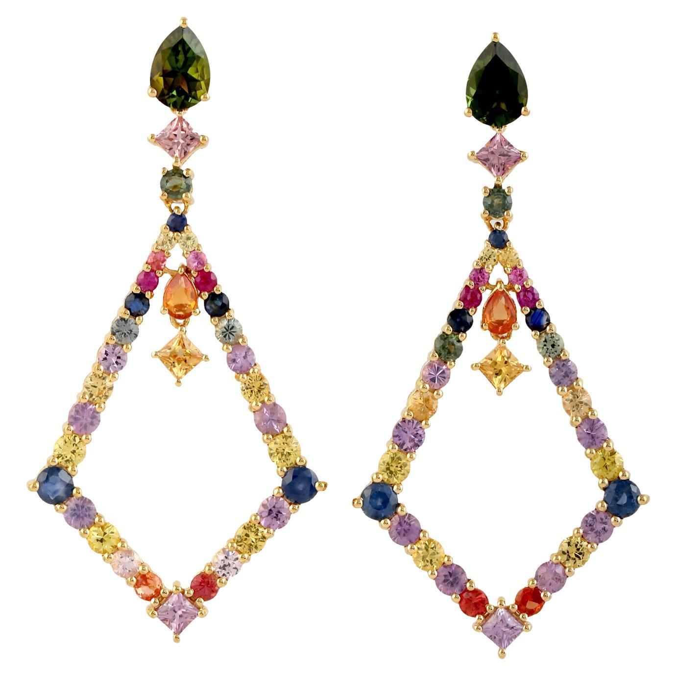 Rhombus Shaped Earrings with Multicolored Sapphire and Tourmaline in 18k Gold For Sale