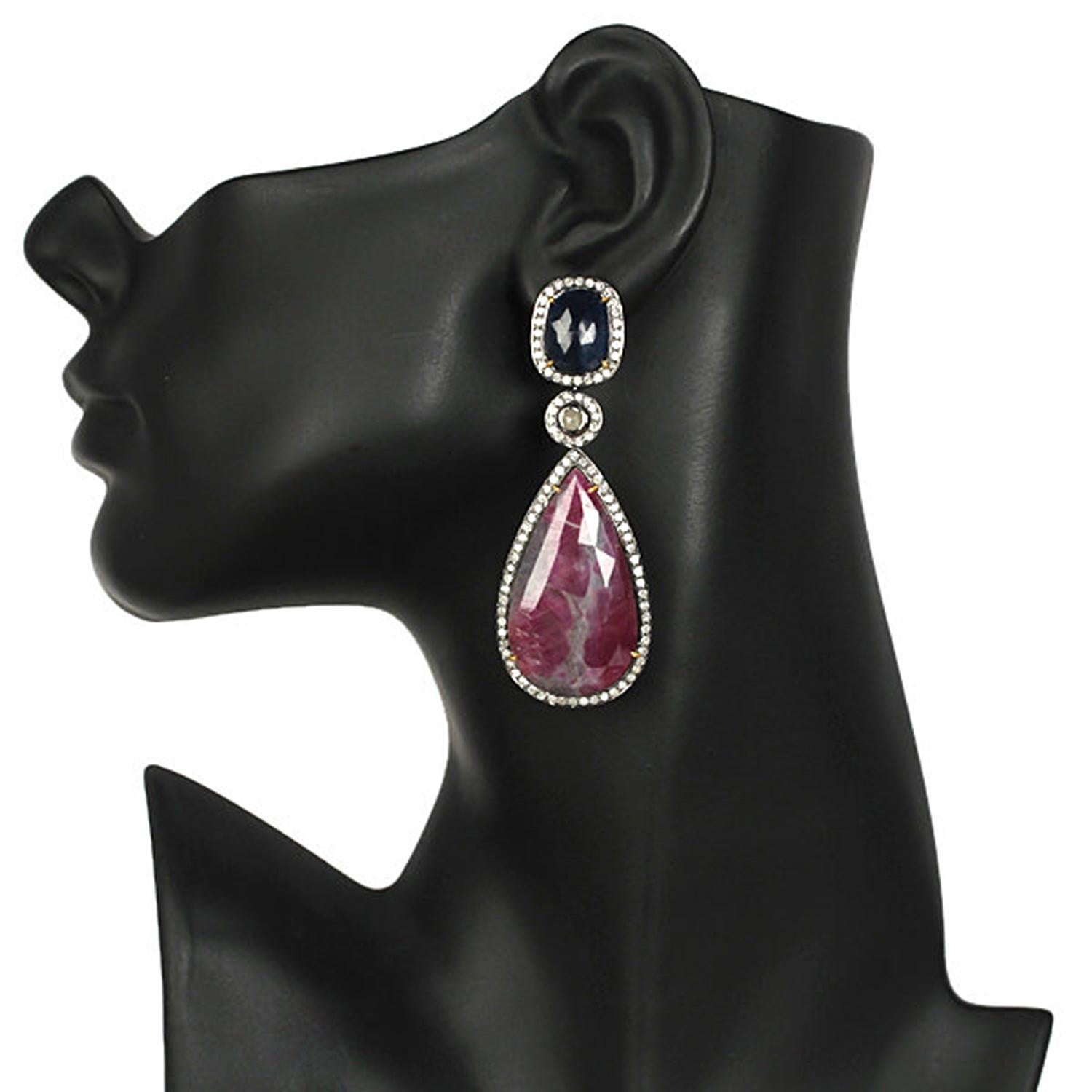Artisan Multi Colored Multi Sapphire Earring with Diamonds in 18k Yellow Gold & Silver For Sale