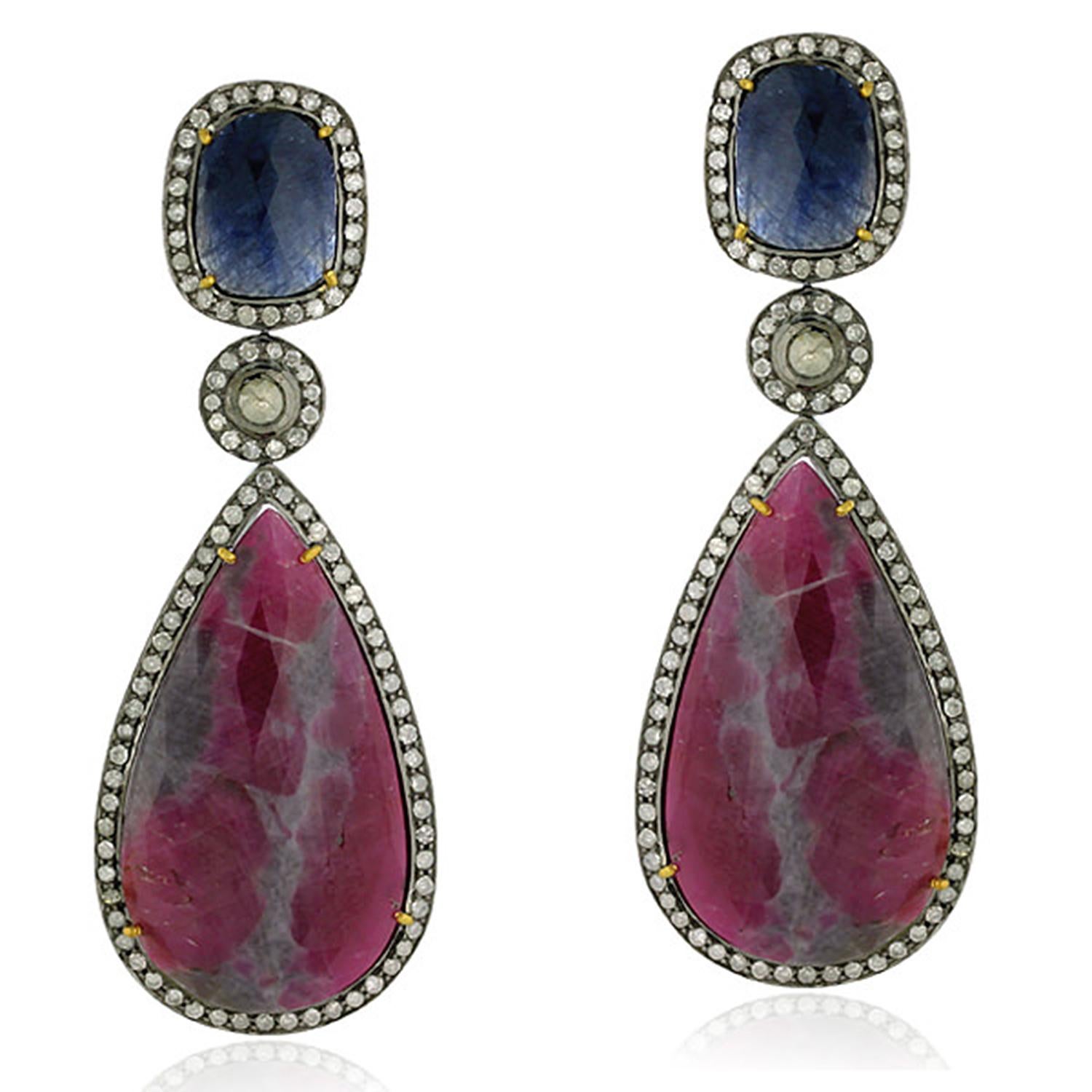 Mixed Cut Multi Colored Multi Sapphire Earring with Diamonds in 18k Yellow Gold & Silver For Sale