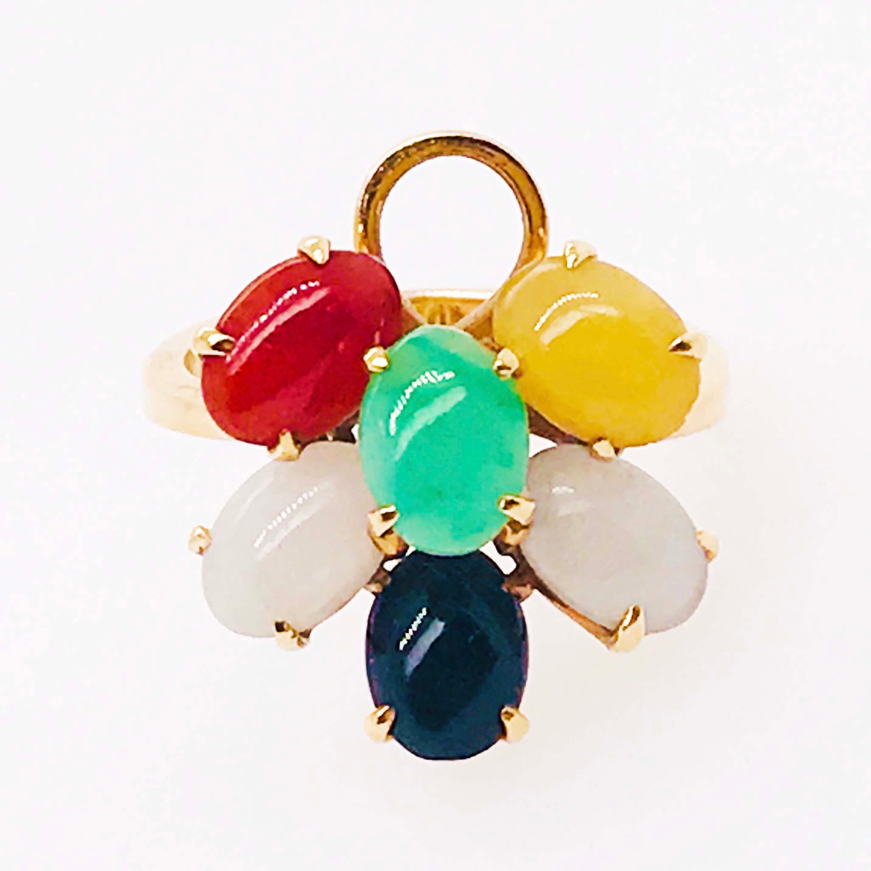 Artist Multicolored Natural Jade Ring in 14 Karat Yellow Gold For Sale