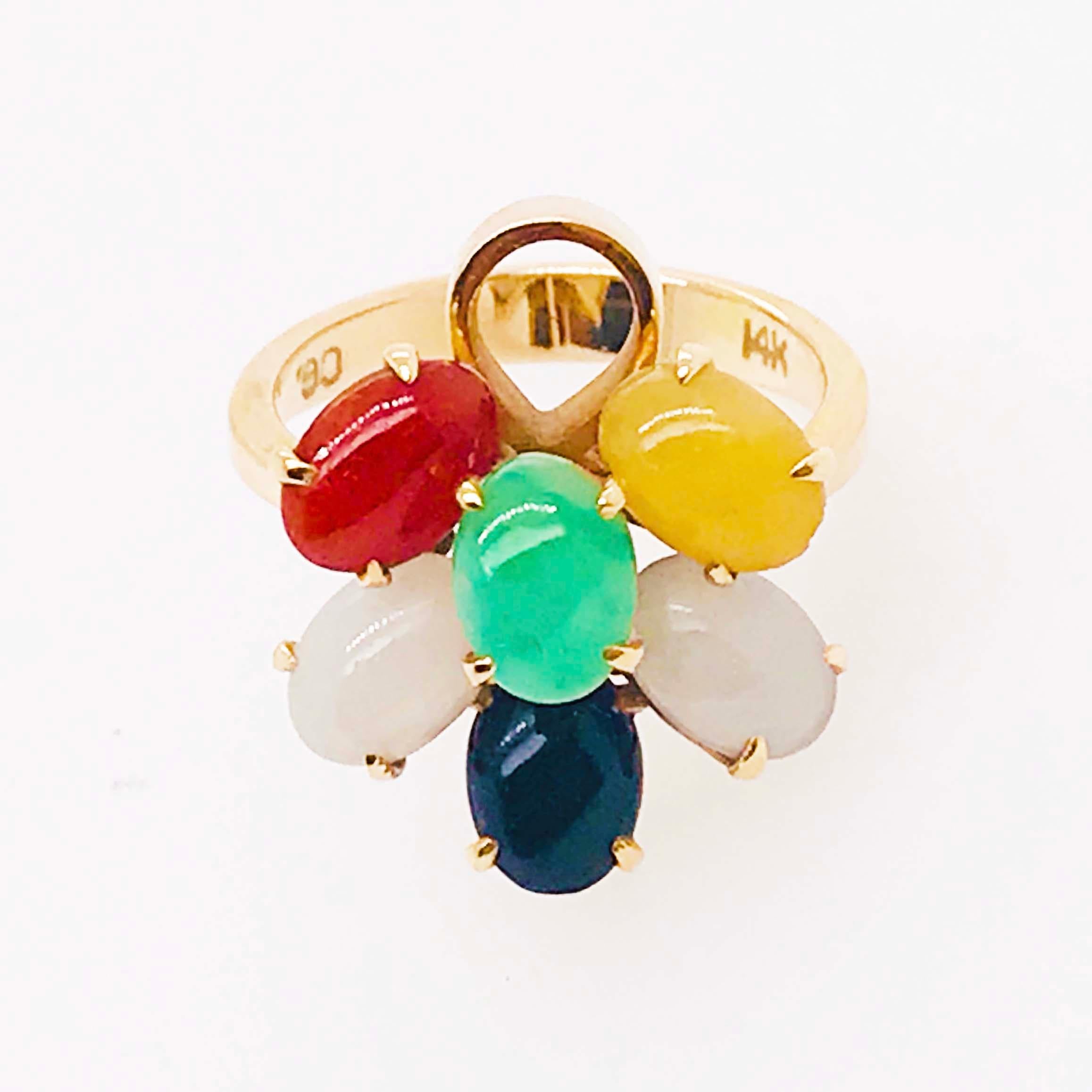 Oval Cut Multicolored Natural Jade Ring in 14 Karat Yellow Gold For Sale
