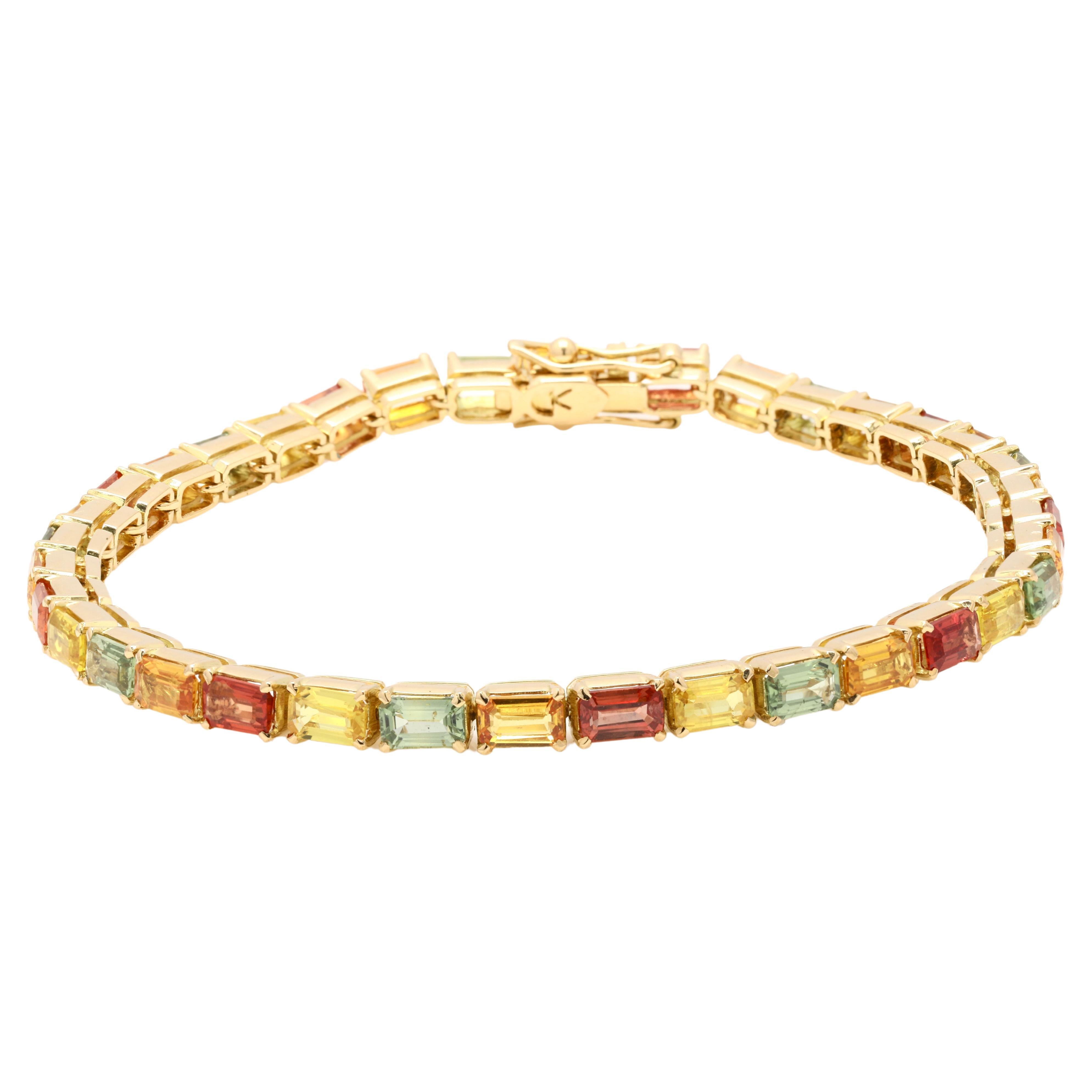 Multi Colored 12.25 ct Sapphire Handcrafted Tennis Bracelet in 18K Yellow Gold For Sale