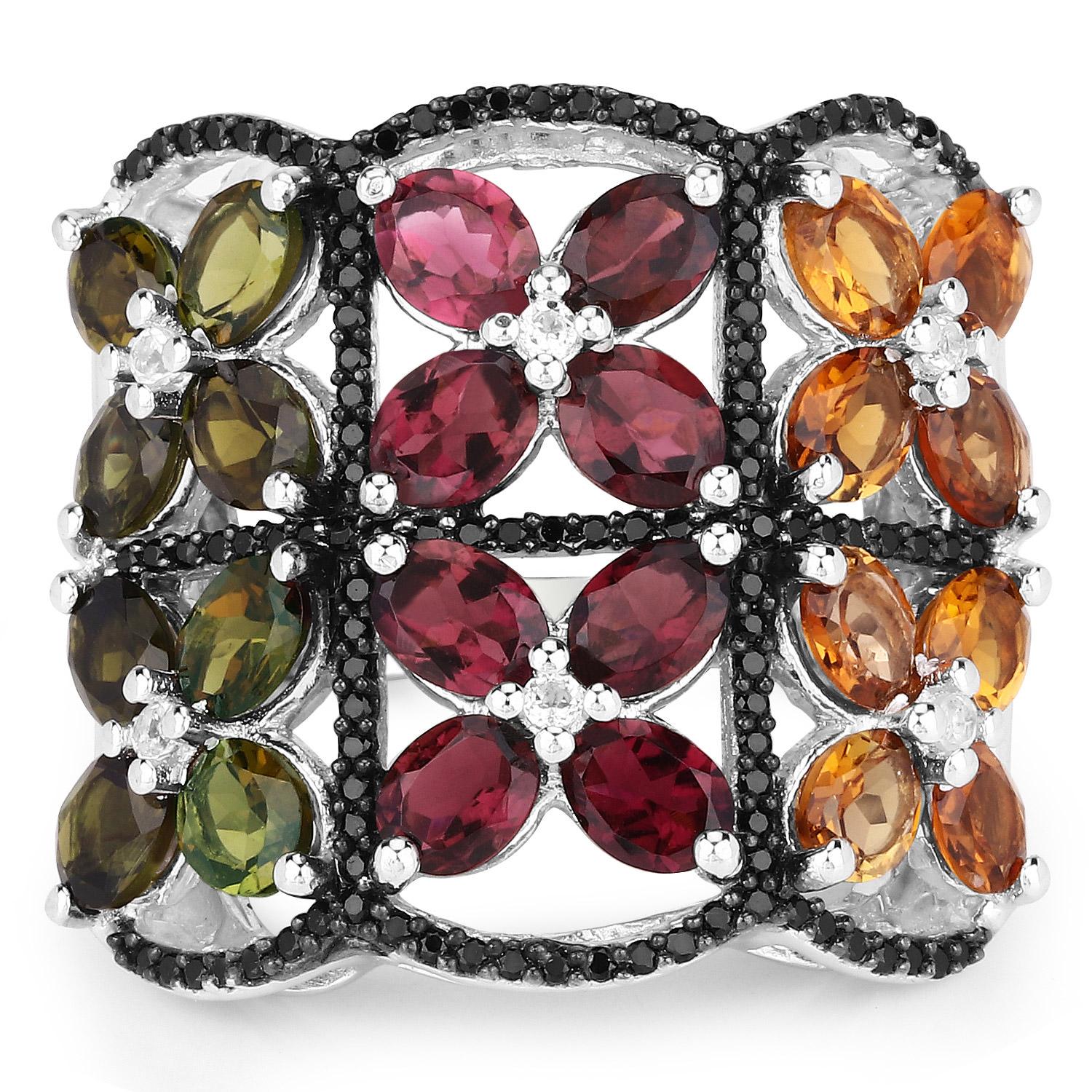 Mixed Cut Multi Colored Natural Tourmaline 8+ Carats Flower Ring Silver For Sale