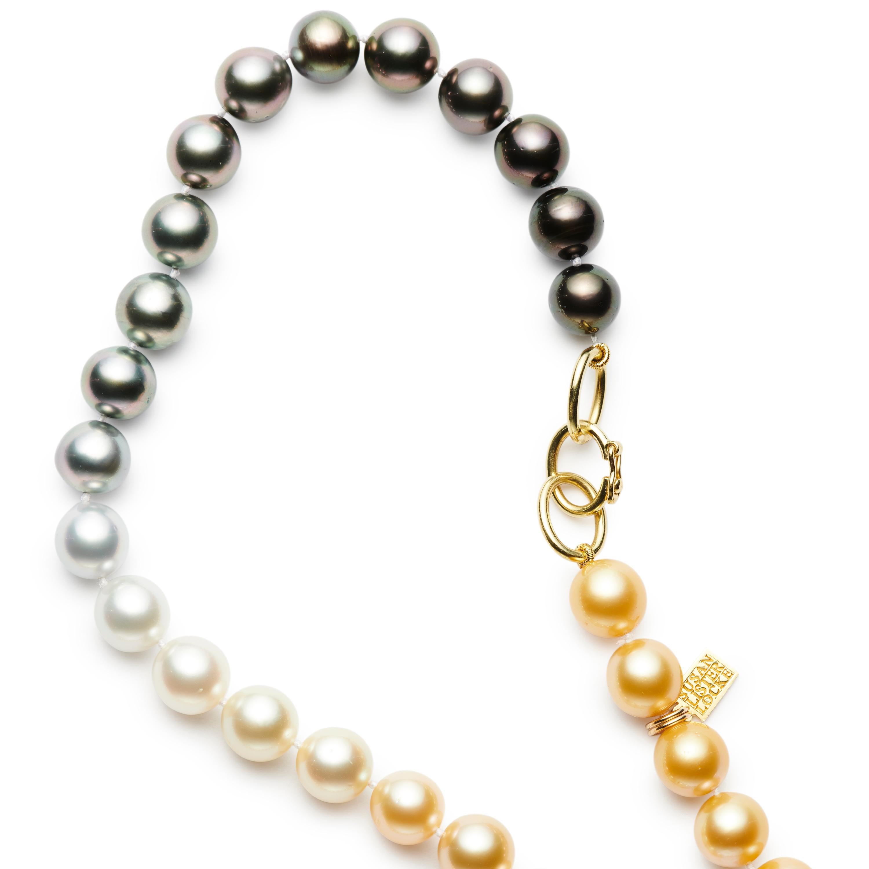A stunning 48-inch, hand-knotted strand of ombre opulence. An impeccable gradient of Black Tahitian, Natural Golden and White South Sea 10mm Pearls to wear doubled, layered or as an exceptionally elegant single strand. Susan's 18kt Yellow Gold