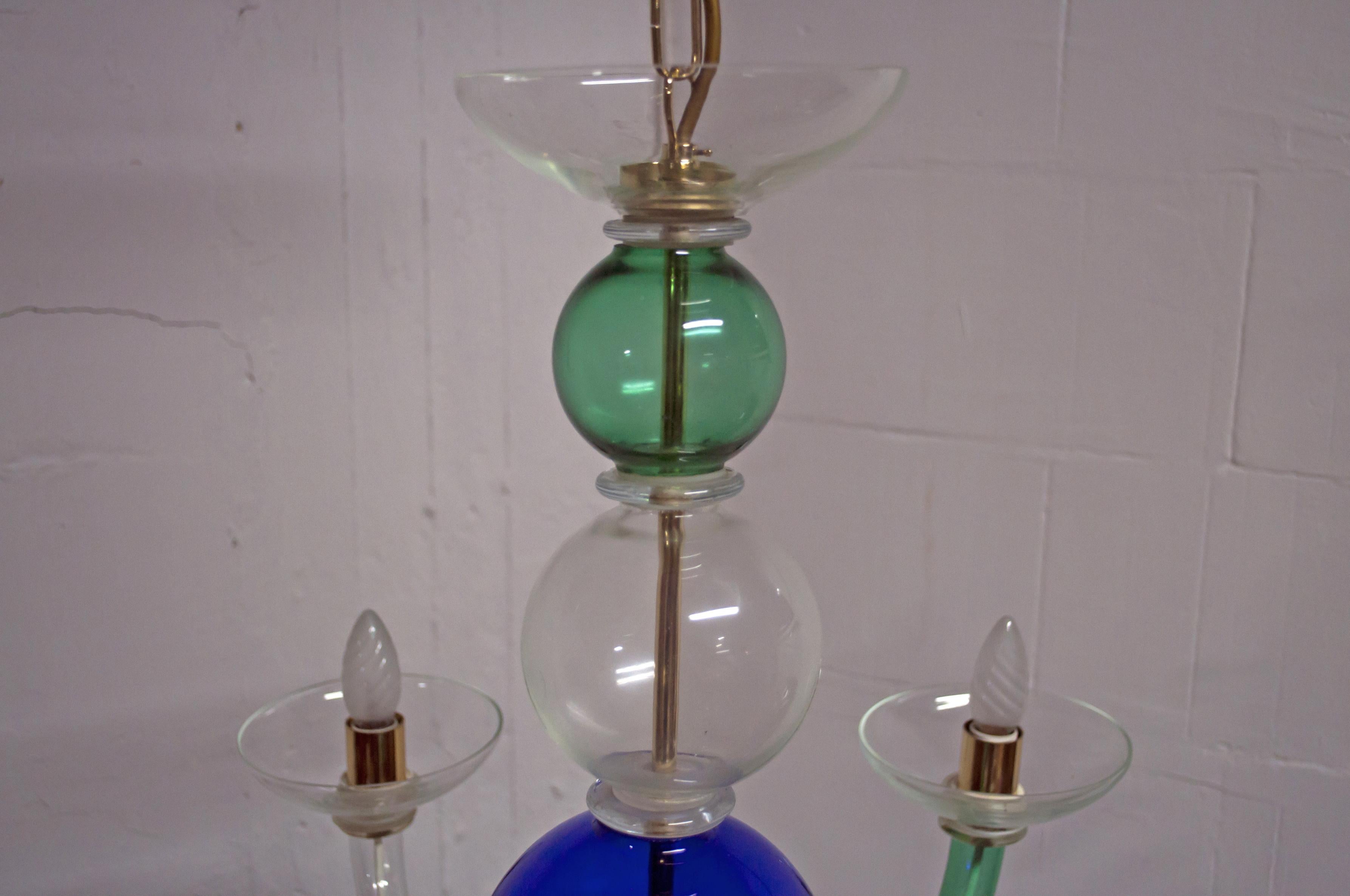 Brass Multicolored Postmodern Murano Glass Chandelier by Sylcom, 1987