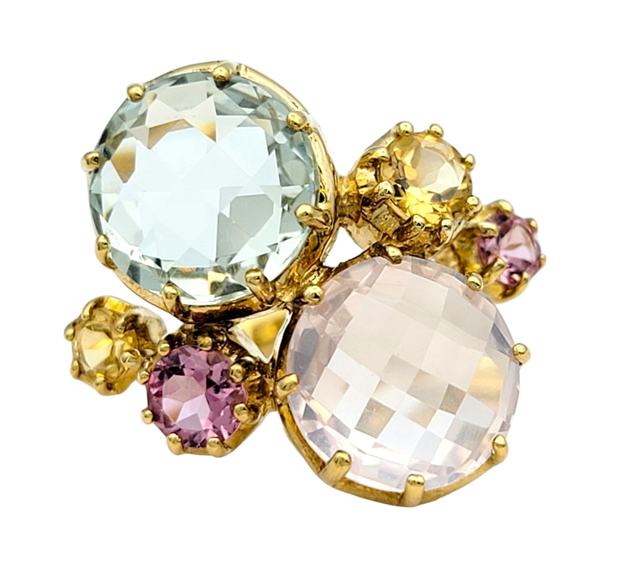 Ring Size: 7.5

Dazzle and delight with this enchanting multi-colored fancy color quartz cluster ring, a true testament to beauty and elegance. Crafted in radiant 10 karat yellow gold, this ring boasts a vibrant array of gemstones, including