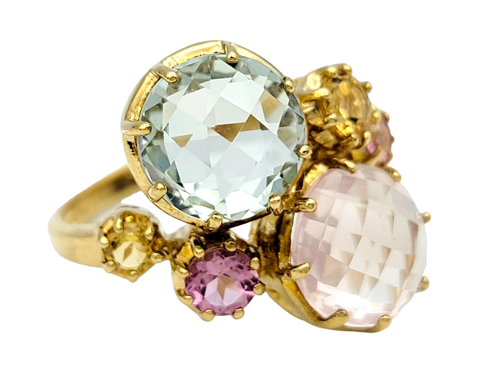 Contemporary Multi-Colored Quartz Gemstone Cluster Cocktail Ring Set in 10 Karat Yellow Gold For Sale