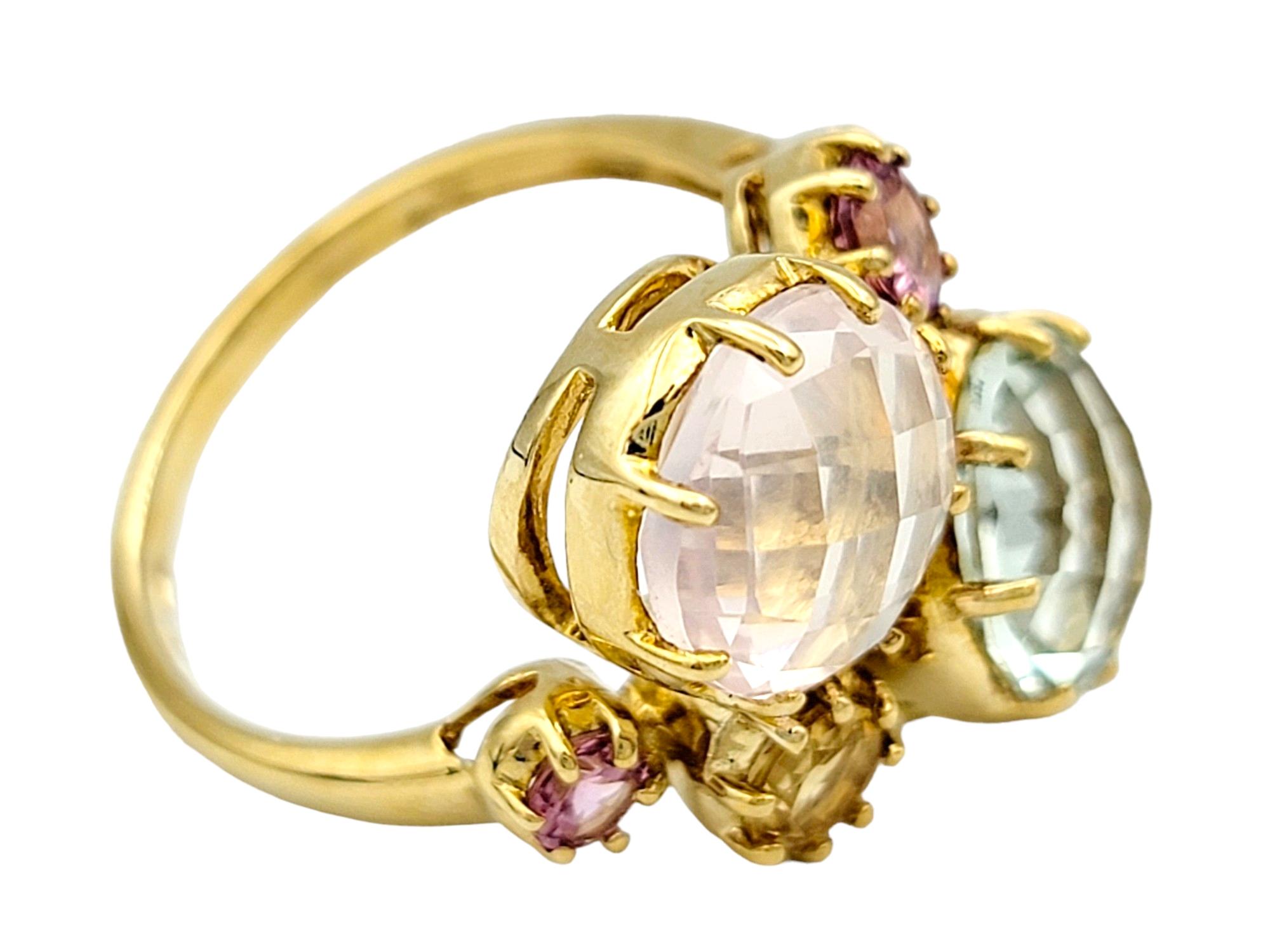 Rose Cut Multi-Colored Quartz Gemstone Cluster Cocktail Ring Set in 10 Karat Yellow Gold For Sale