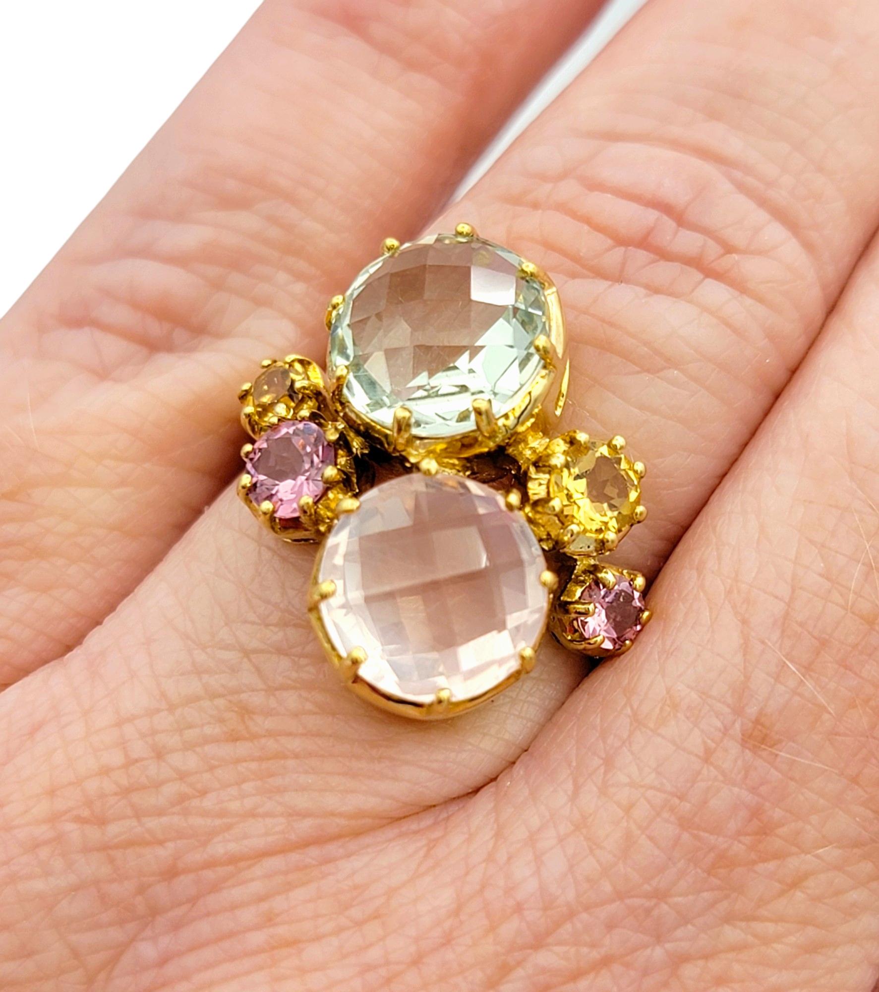 Multi-Colored Quartz Gemstone Cluster Cocktail Ring Set in 10 Karat Yellow Gold For Sale 2