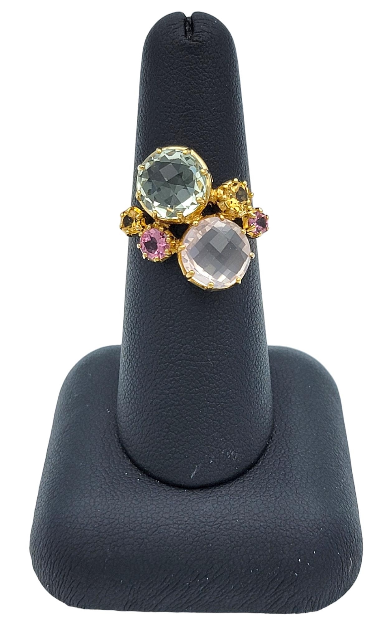 Multi-Colored Quartz Gemstone Cluster Cocktail Ring Set in 10 Karat Yellow Gold For Sale 3