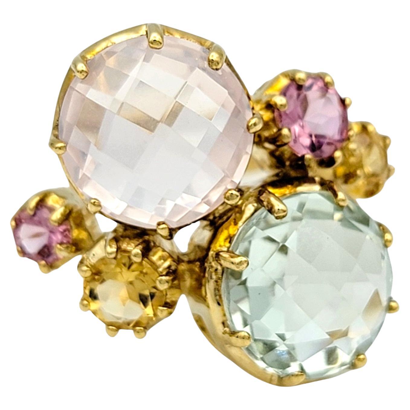 Multi-Colored Quartz Gemstone Cluster Cocktail Ring Set in 10 Karat Yellow Gold For Sale