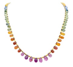 Multi-Colored Rainbow Briolette Gemstone Strand Necklace in 18 Karat Yellow Gold