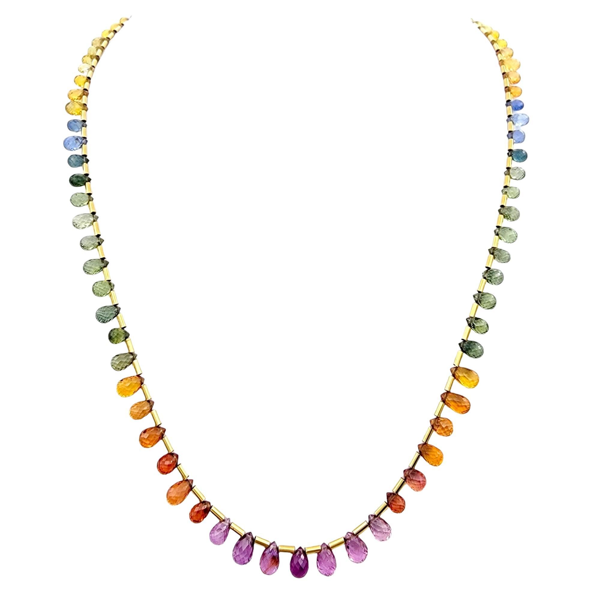 Collier de pierres précieuses multicolores à briolette arc-en-ciel en or jaune 18 carats