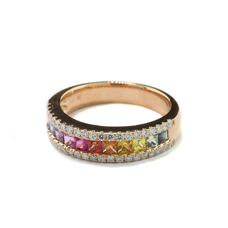 Princess Cut Multi-Colored Rainbow Ring with Sapphire and Diamonds in 18Kt Rose Gold For Sale