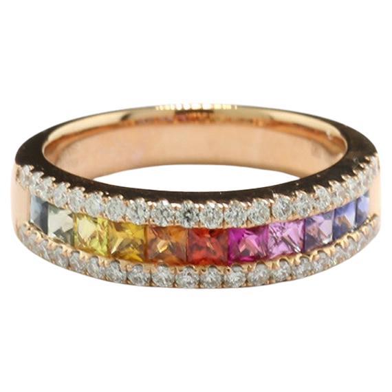 Bague arc-en-ciel multicolore avec saphir et diamants en or rose 18 carats