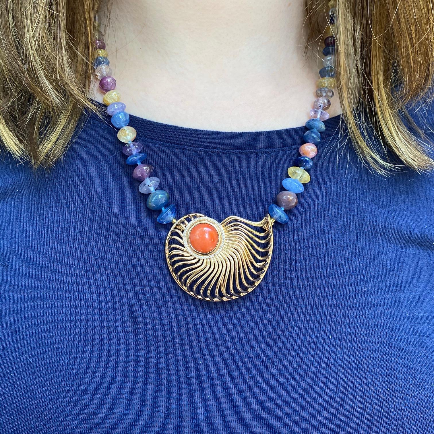 Cabochon Multicolored Rondell Sapphire Necklace with an 18 Karat Rose Gold Ammonite Clasp