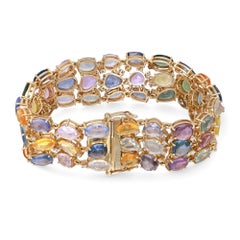 Multi Colored Sapphire 40.43Ctw & Diamond Statement Bracelet 14K Yellow Gold
