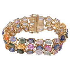Multi Colored Sapphire 40.43Ctw & Diamond Statement Bracelet 14K Yellow Gold