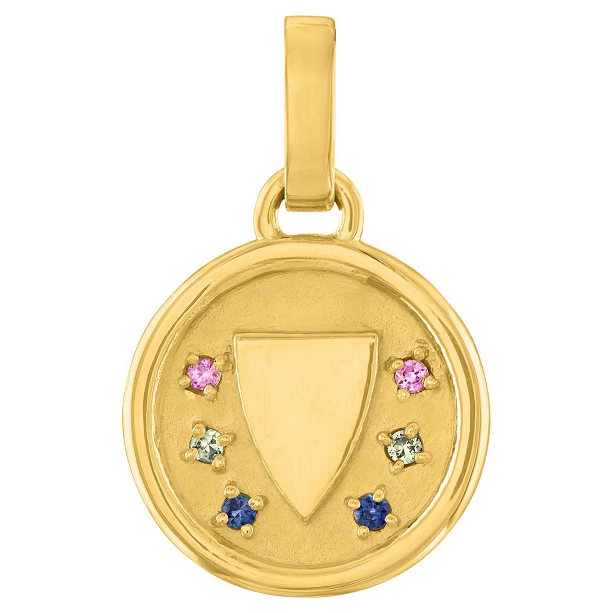 Multi Colored Sapphire and 14 Karat Gold Round Shield Pendant For Sale